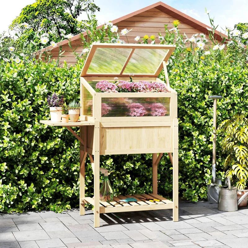 Raised Garden Bed Planter with Cold Frame, Wooden Elevated Planter Box with Folding Side Table and Shelf, Natural Wood