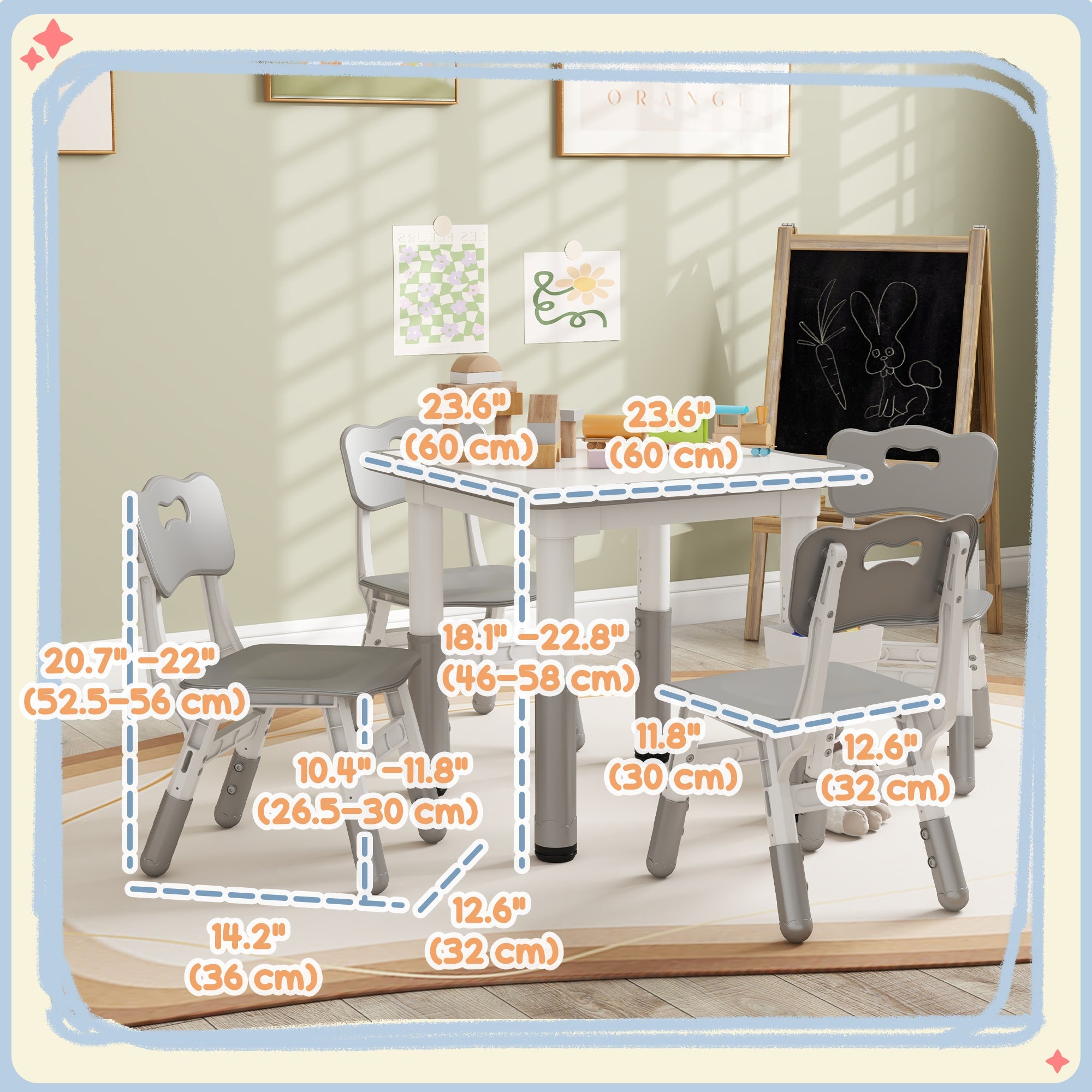 Qaba 5 Piece Toddler Table Chair Set Height Adjustable Activity Set Nursery Classroom Playroom Furniture Grey 