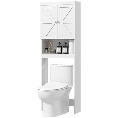 HOMCOM Over The Toilet Bathroom Cabinet Modern Above Toilet Storage Barn Doors Open Shelf White 