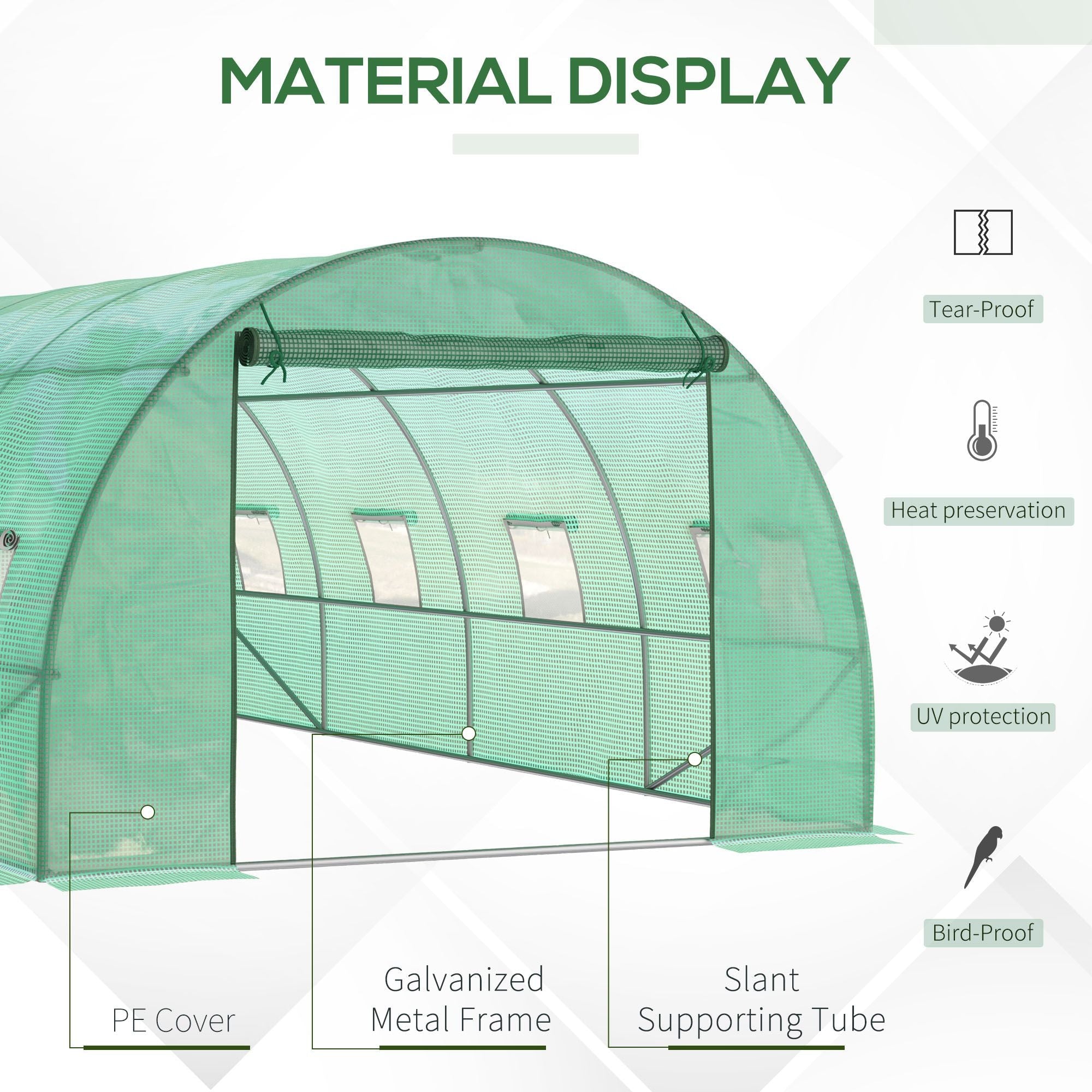 Outsunny Walk-in Tunnel Greenhouse, 19 x 10 x 6.6 ft Hoop House with Zipped Roll-Up Door and 8 Mesh Windows, Outdoor Greenhouse with Galvanised Steel Frame, Green 