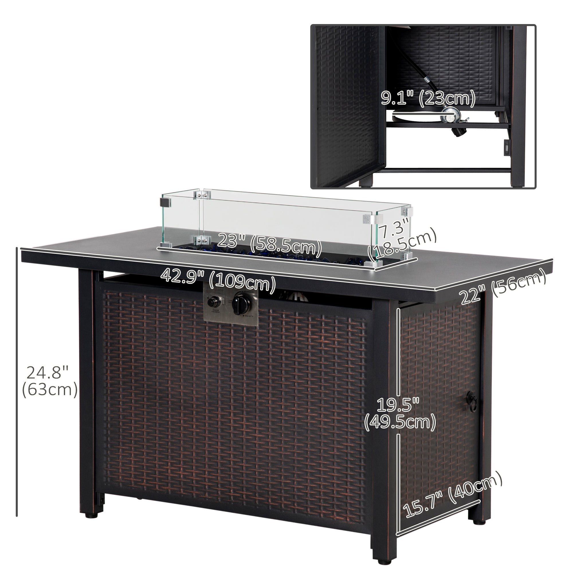 Outsunny 43" Outdoor Propane Gas Fire Pit Table, Wicker Patio Gas Firepit w/ Glass Wind Guard, 50,000 BTU CSA Certified Bronze 