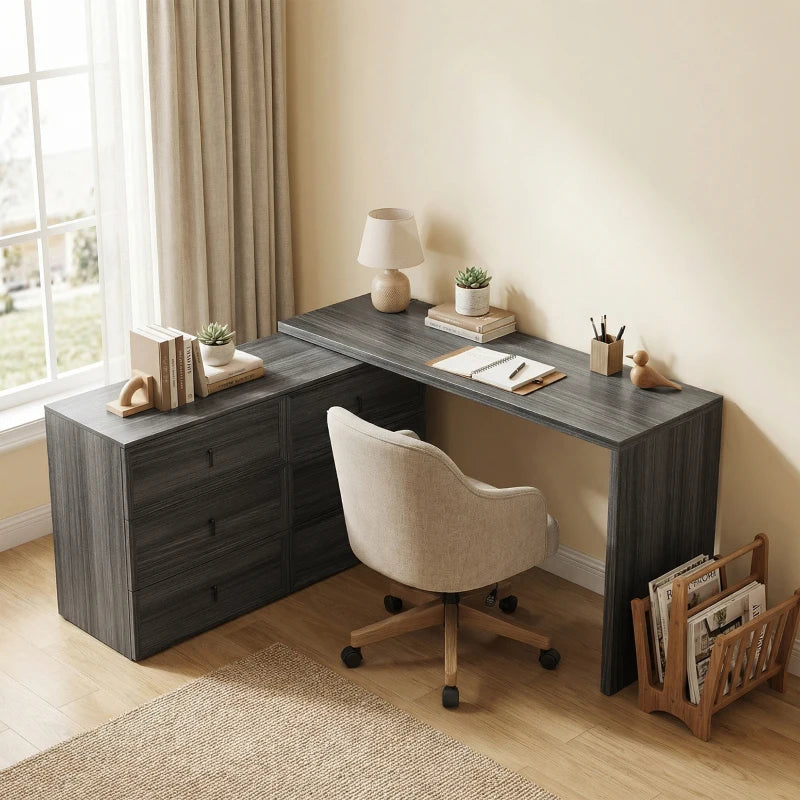 L Shaped Computer Desk Home Office Desk with 6 Drawers Black Wood Grain
