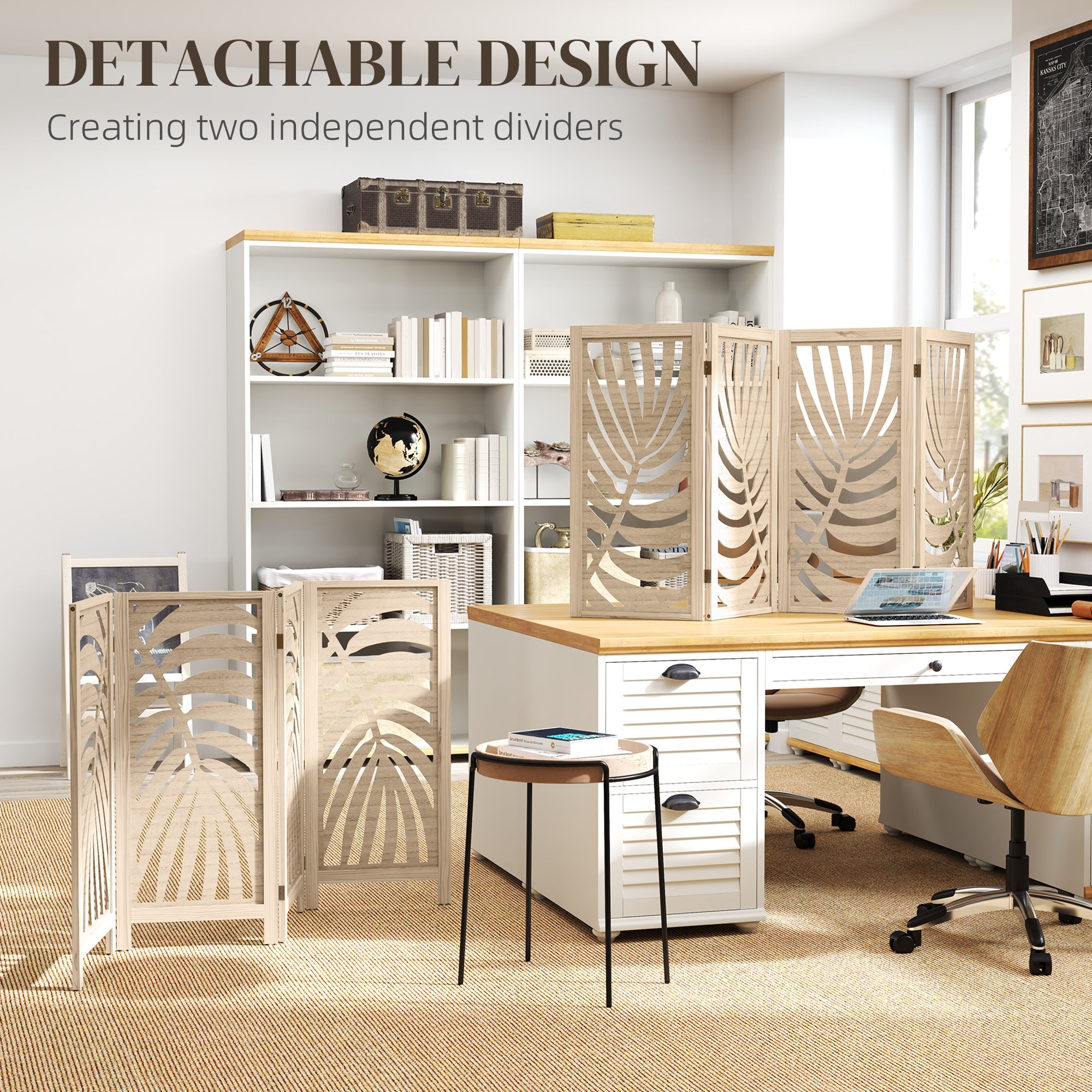 HOMCOM 4 Panel Room Divider, Detachable Folding Privacy Screens with Palm Leaf Design for Home Office, Natural Wood Finish 