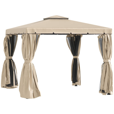 Outsunny 10'x10' Soft-top Patio Gazebo Canopy Garden Shelter Tent with Double Tier Roof, Polyester Curtains, Mesh Screen Drapes, Khaki 