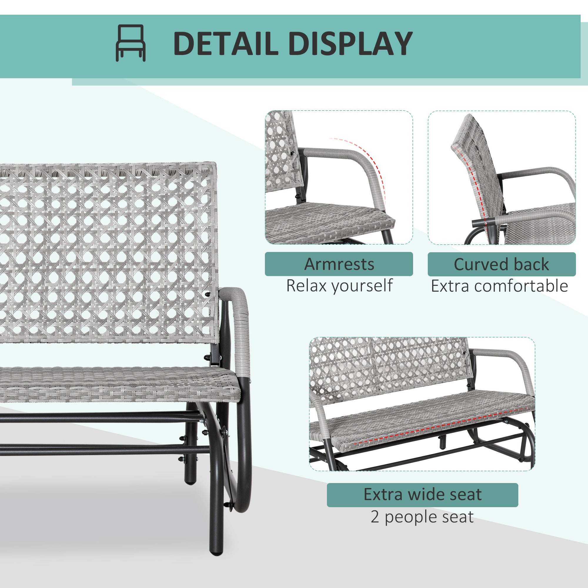 Outsunny 2-Person Outdoor PE Rattan Swing Glider Chair, Patio Garden Loveseat Rocking Bench, w/ Extra Wide Seat & Curved Backrest 