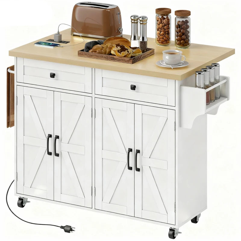 Kitchen Island with Storage, Rolling Kitchen Cart with Charging Station, Drop Leaf, Spice Rack, Towel Rack, Drawers
