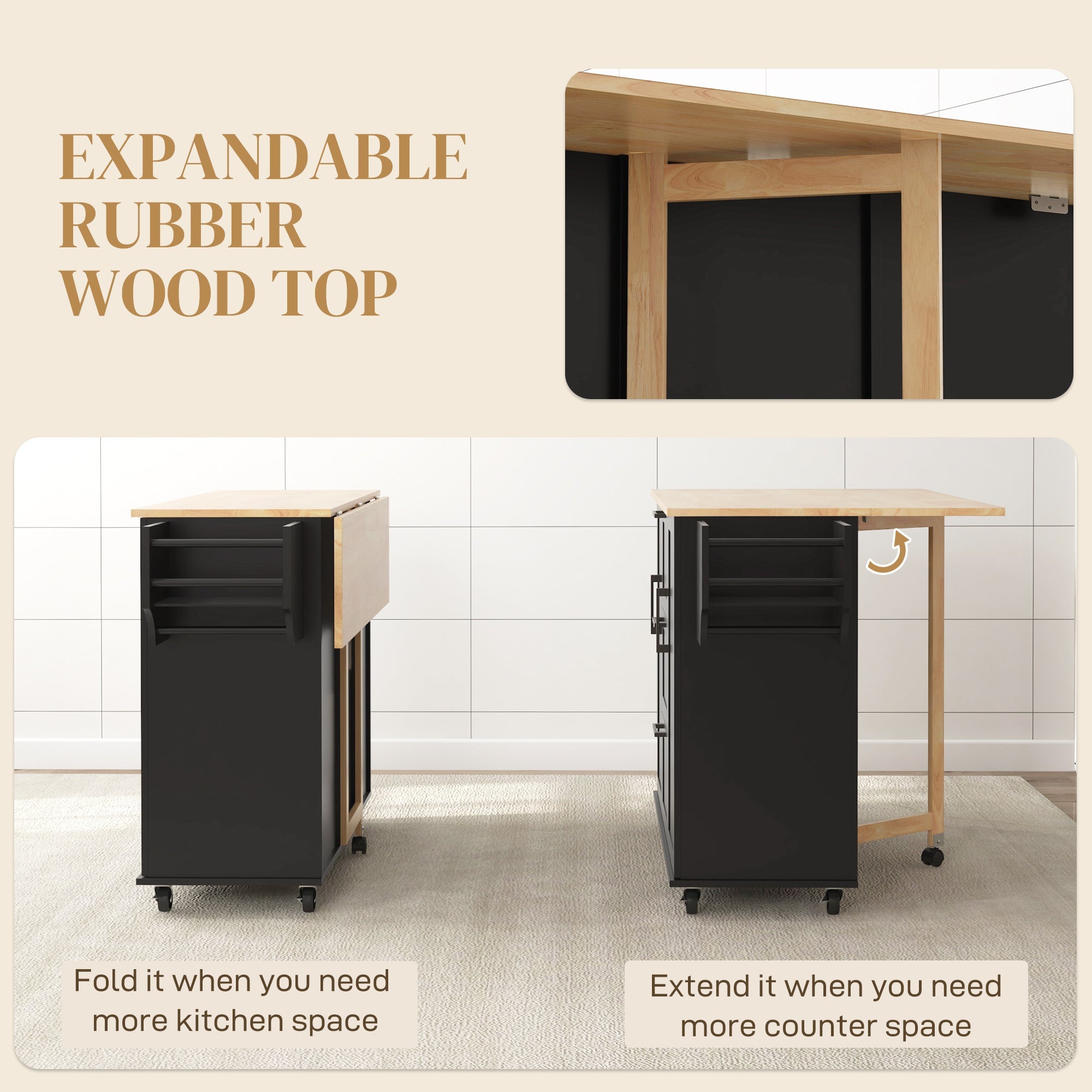 HOMCOM Rolling Kitchen Cart on Wheels with Drop Leaf, Kitchen Island with 3 Drawers, Solid Wood Top and Towel Rack, Black 
