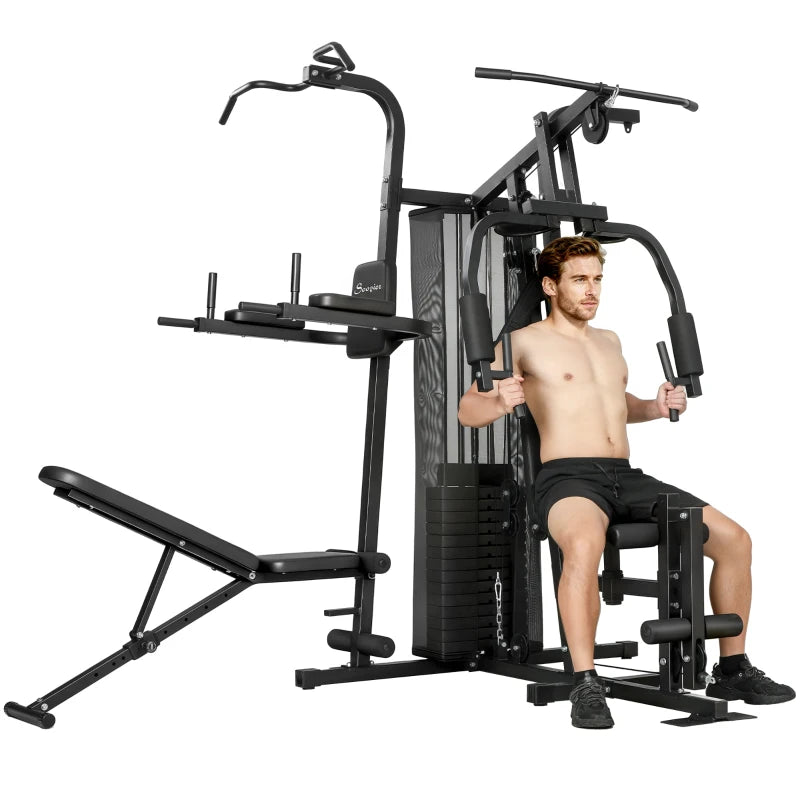 All-in-One Multi-Station Home Gym Workout Machine with Weight Stack, Pulley System & Adjustable Bench – Black