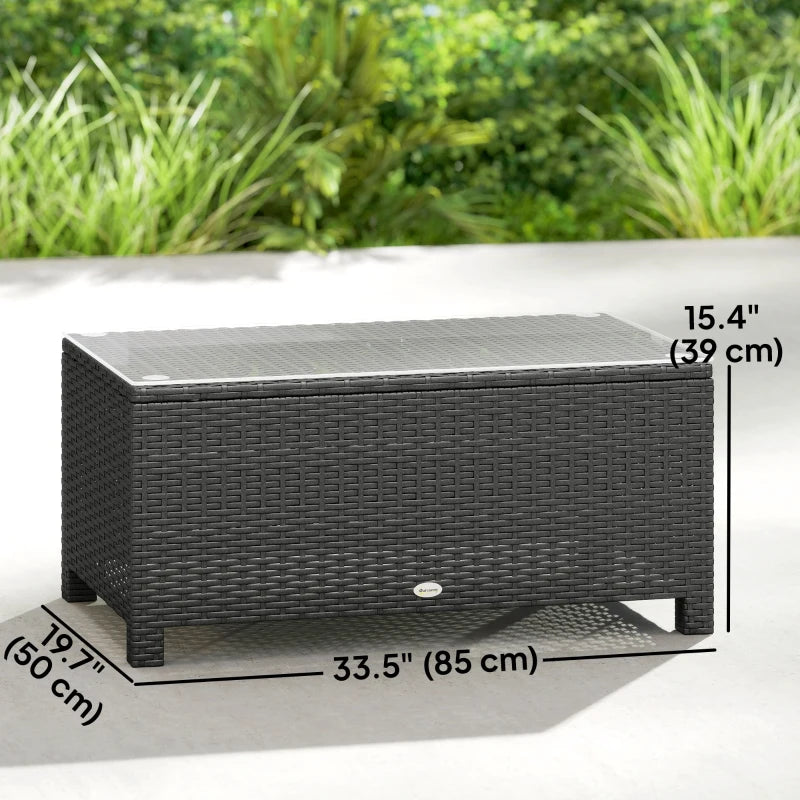 PE Wicker Outdoor Coffee Table with Glass Top Garden Patio Table, Dark Grey