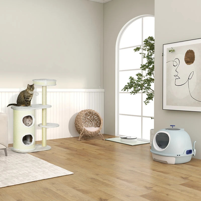 Rattan Cat House with Cushion, Elevated Wicker Kitten Bed for Indoor Cats, Natural Wood