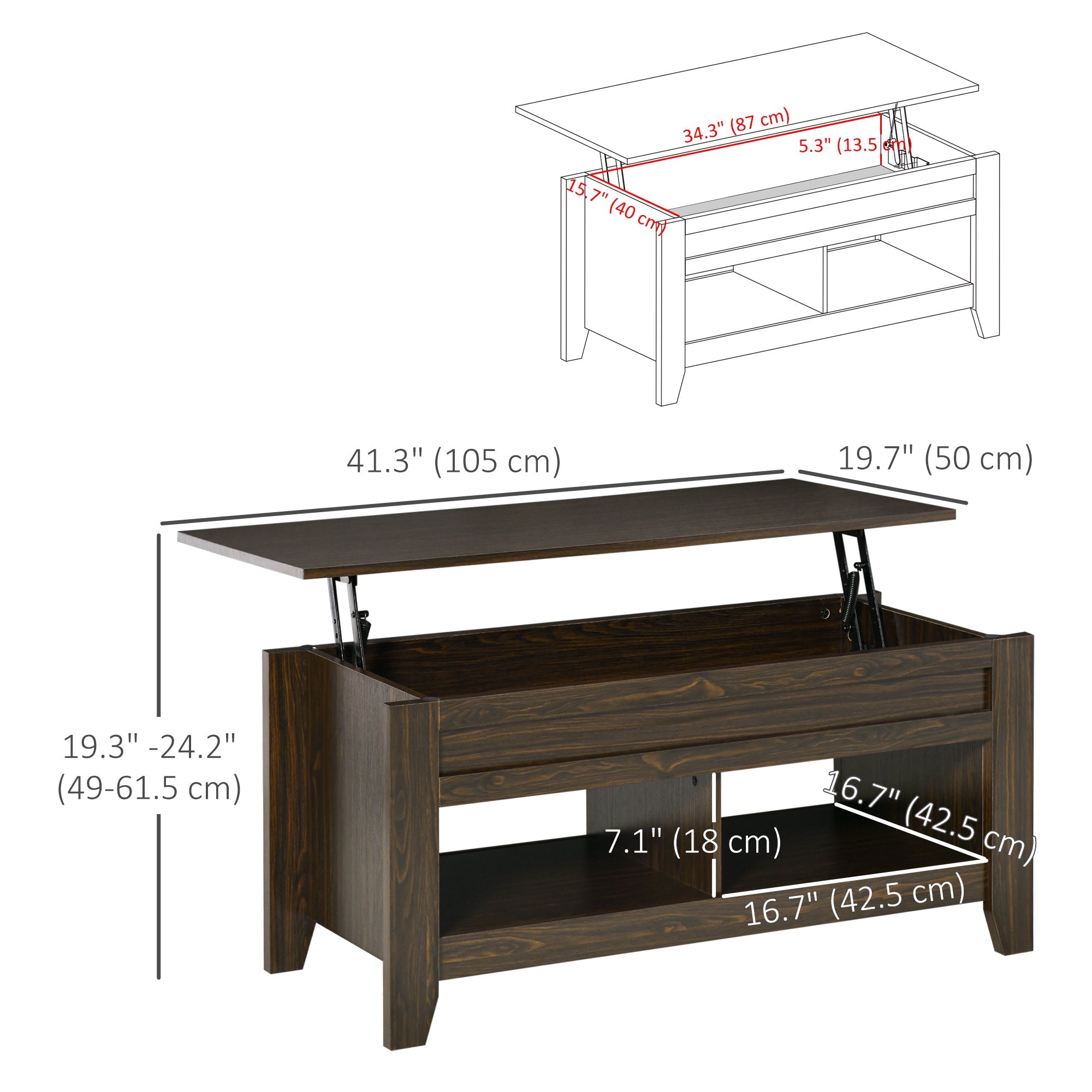 HOMCOM Dark Walnut Lift Top Coffee Table: Pop-Up Center Table with Hidden Storage, Open Shelves for Living Room 