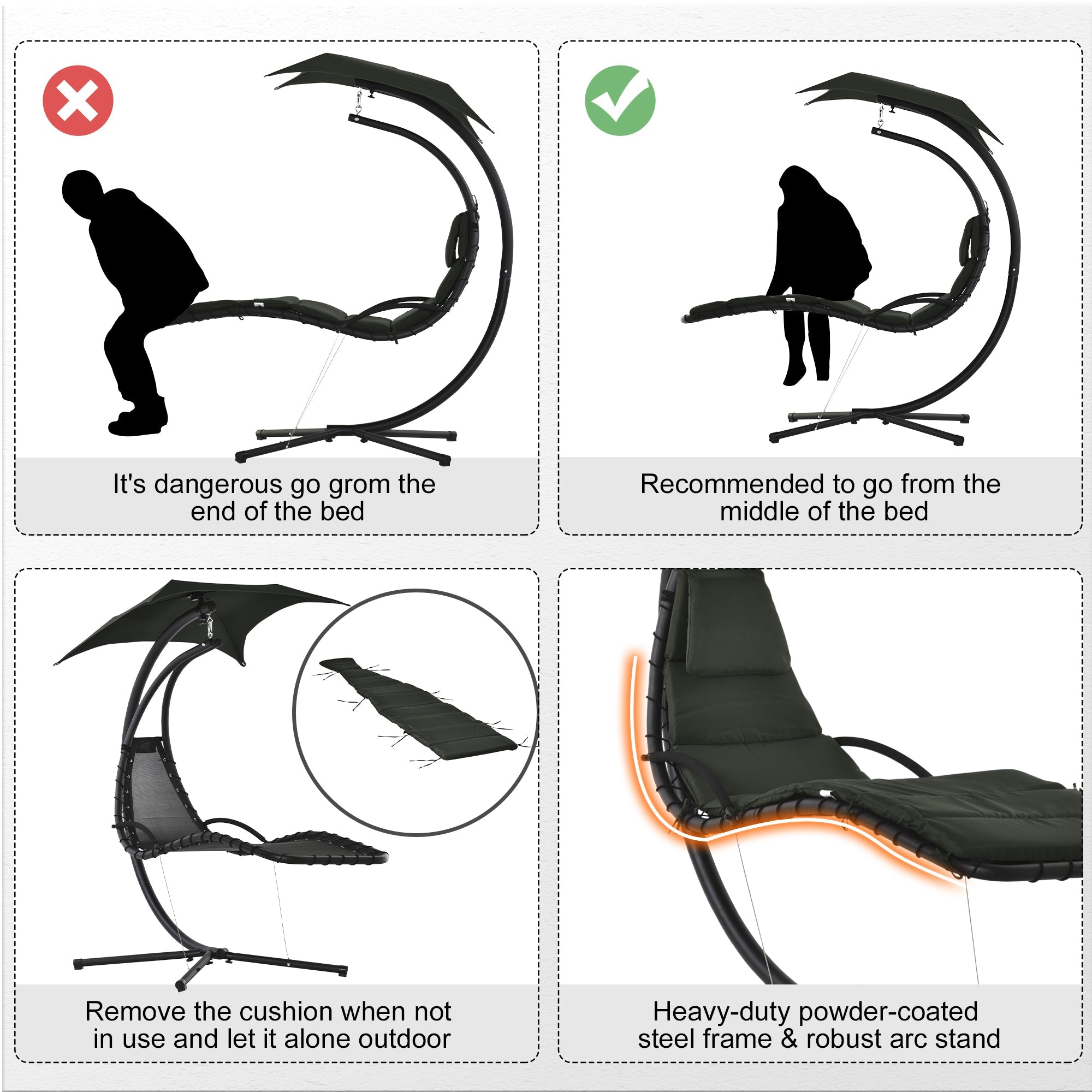 Outsunny Floating Chaise Lounge Outdoor Swing Chair Hammock with Stand Canopy Charcoal Grey 