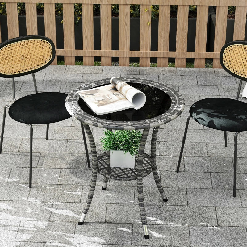 Outdoor Rattan Dining Table, Patio Wicker Round Coffee Table with 2-Tier Storage Shelf, Mixed Grey