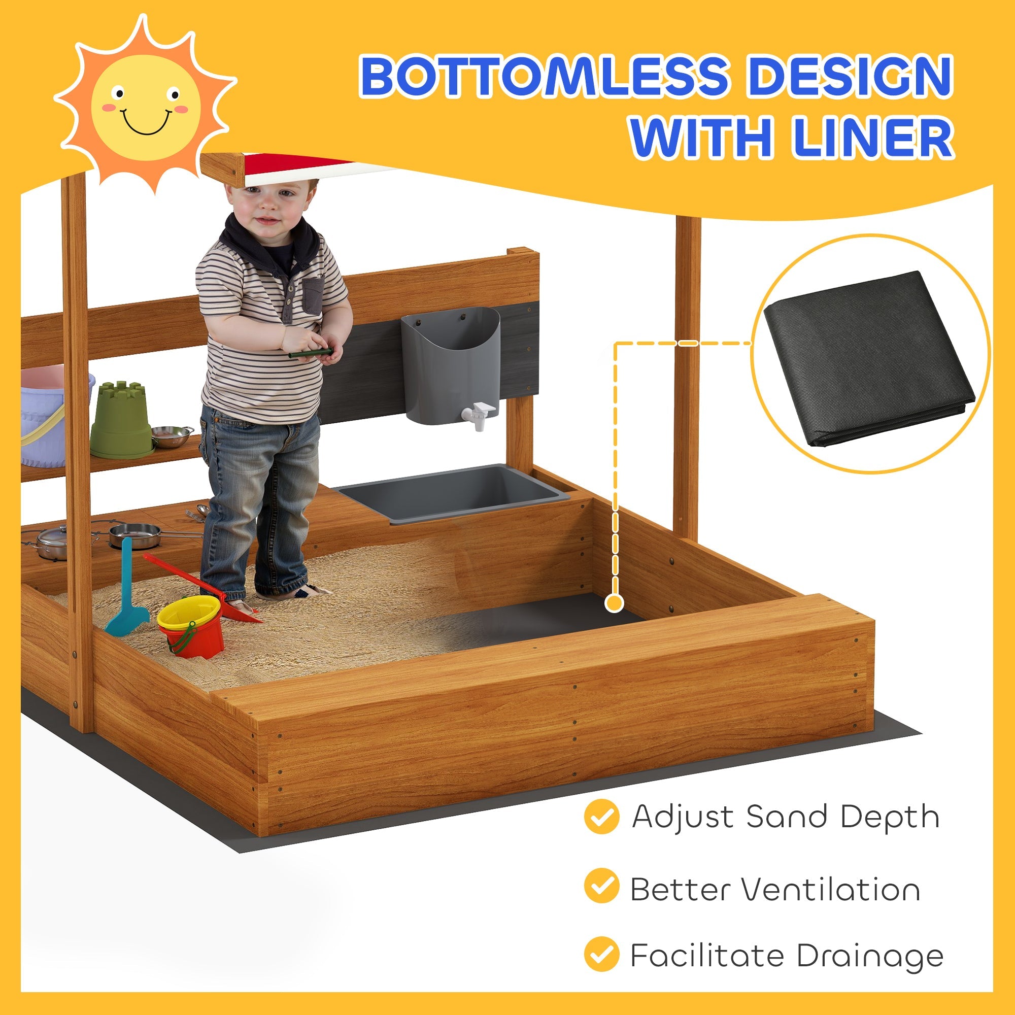 Outsunny Kids Sandbox with Cover Kitchen Playset Toys, Wooden Sand Box with Seat, Storage, for 3-7 Years Old, Red 