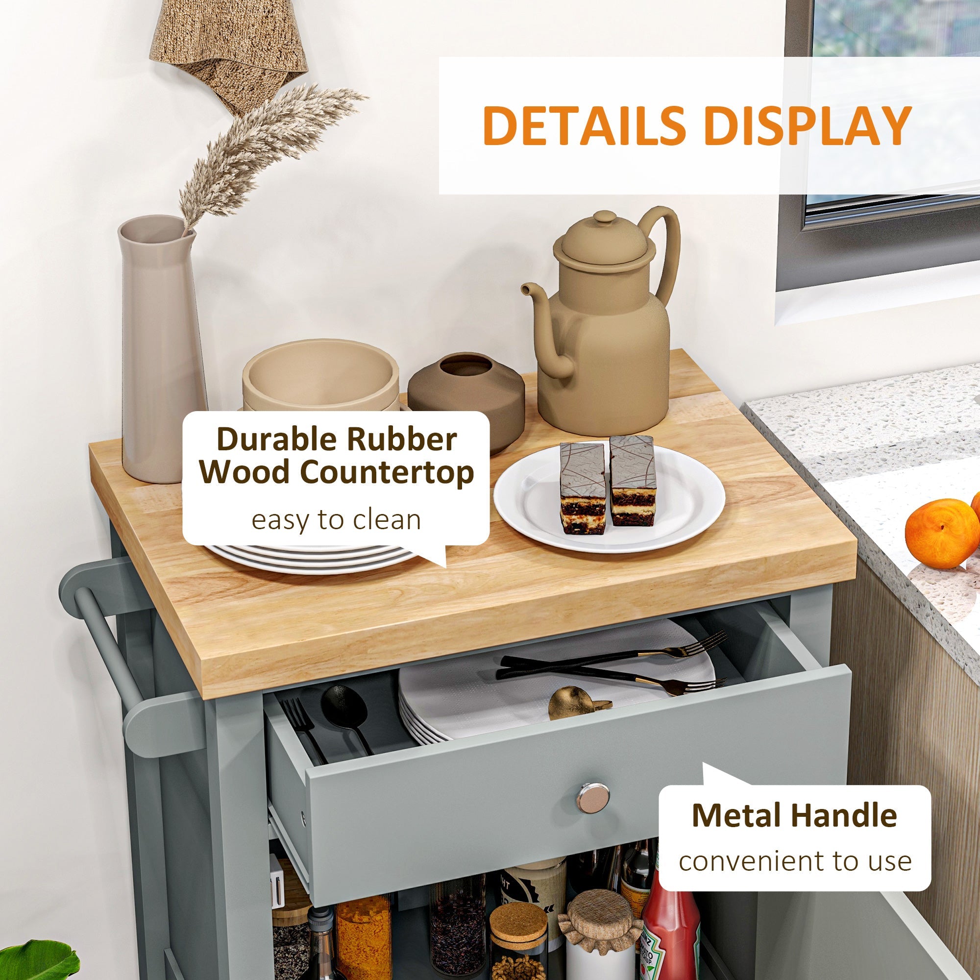 HOMCOM Kitchen Cart on Wheels, Rolling Kitchen Island Cart with Wood Top, Towel Rack, Drawer and Shelf for Dining Area, Grey 