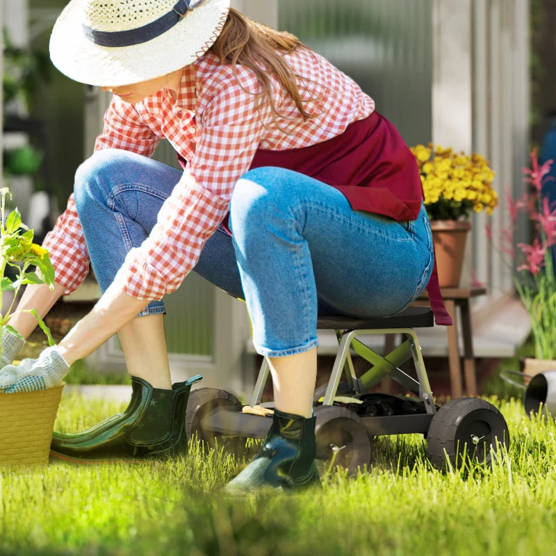 Garden Seat with Wheels, Rolling Garden Stool with Tool Tray, Cart for Outdoor Work, 19.7" x 19.3" x 12.6", Black