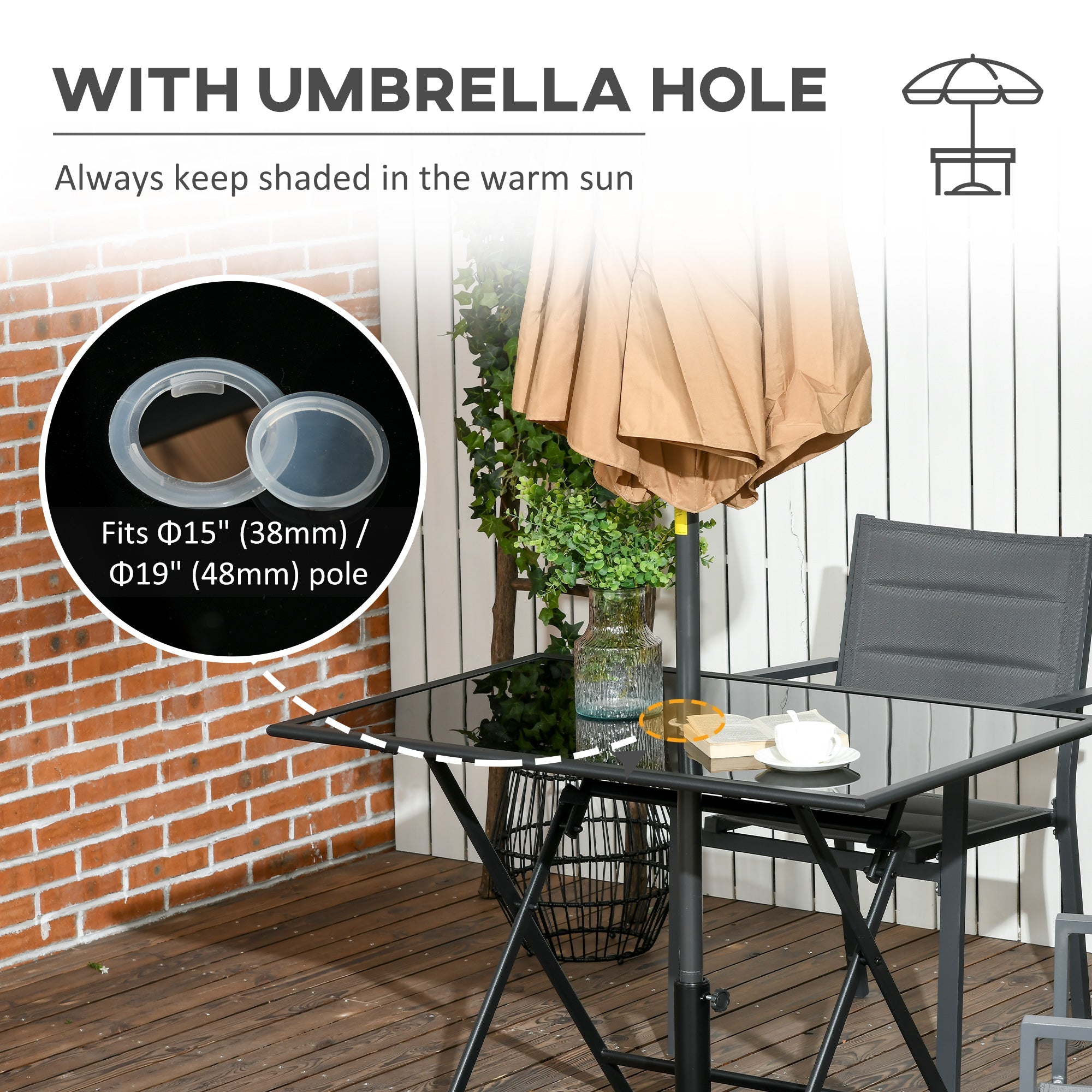 Outsunny Folding Patio Dining Table for 6 Rectangle Glass Outdoor Table Umbrella Hole Garden Lawn Backyard 