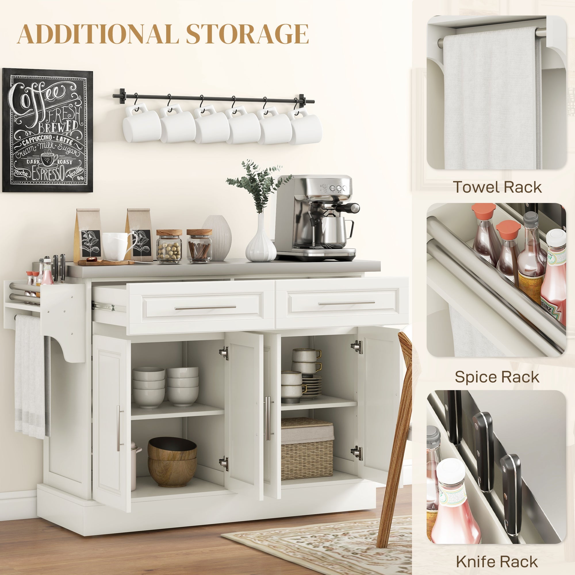 HOMCOM Rolling Kitchen Island with Storage and Stainless Steel Top, Kitchen Trolley with Drawers, Cabinets, Towel Rack, Cream 