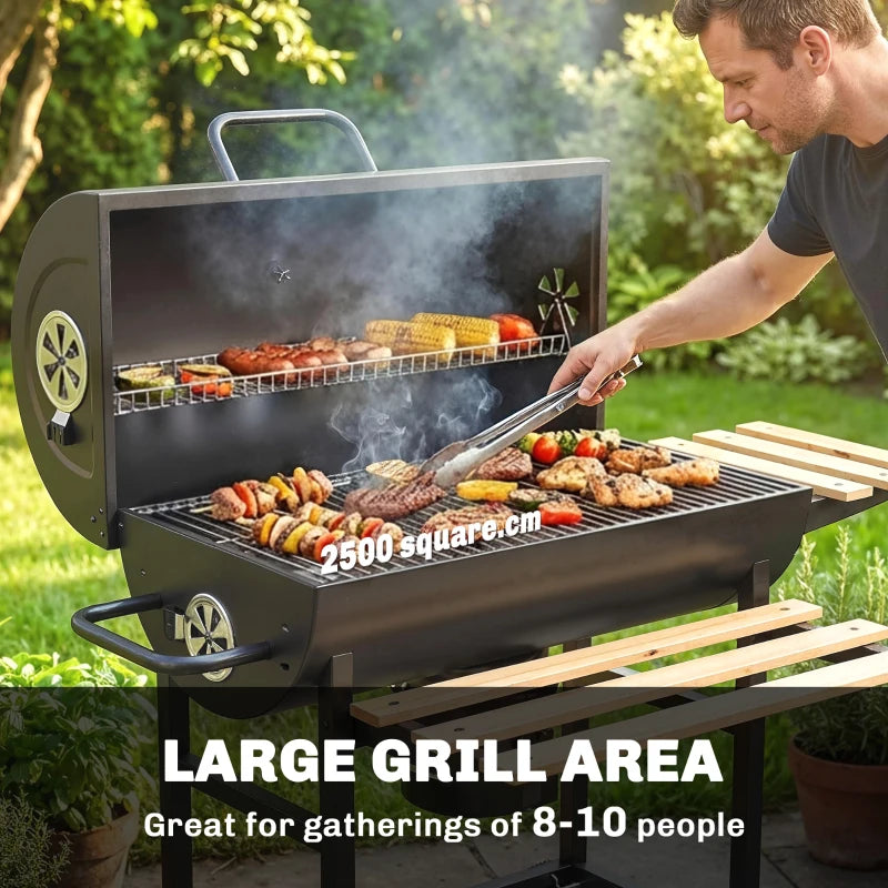 Charcoal BBQ Grill with Foldable Shelves, Barbecue Grill with Warming Rack, Thermometer, Wheels, Natural Wood and Black