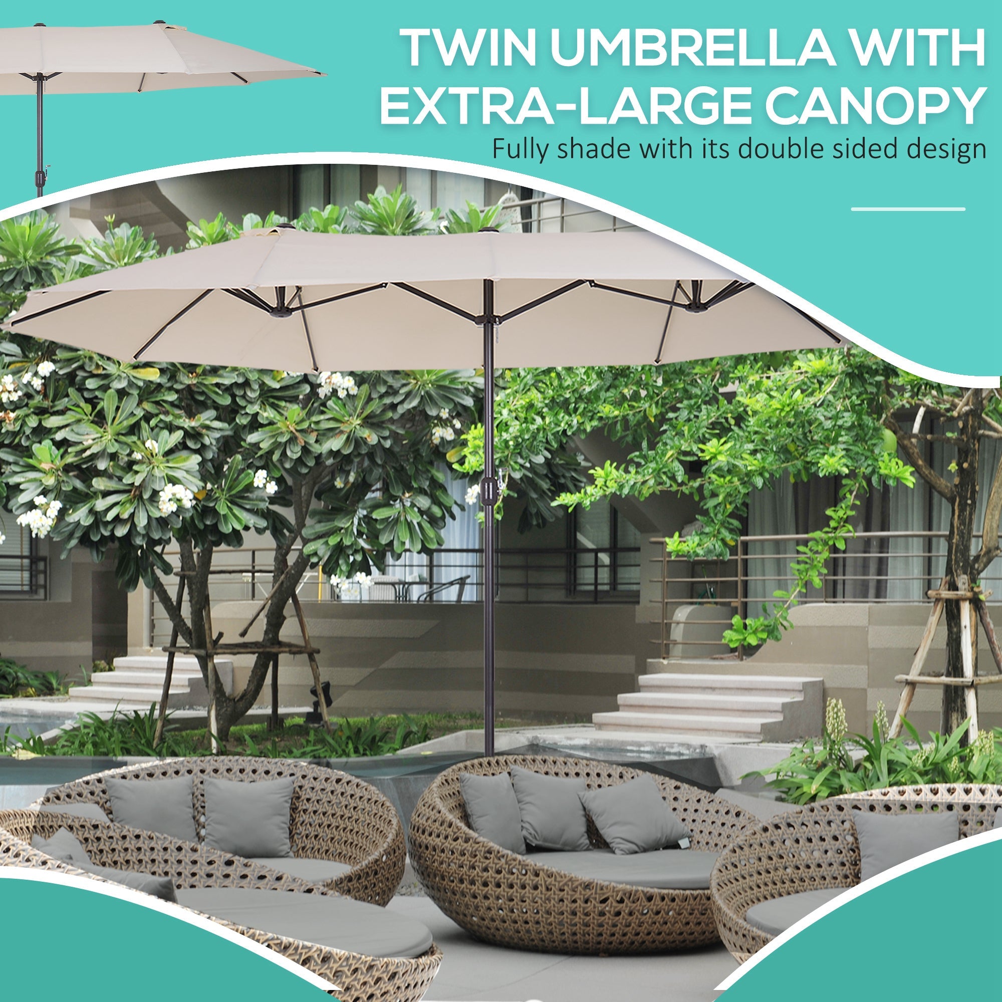 Outsunny 15ft Beige Twin Canopy Patio Umbrella Outdoor Sunshade with Steel Table Lift Crank for Spacious Shade 