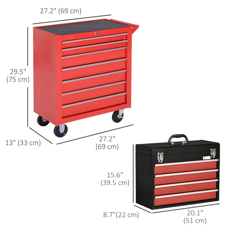 Lockable Tool Chest and Tool Box Set of 2, 7 Drawer Tool Cabinet with Wheels, 4 Drawer Portable Tool Chest with Handle for Garage, Factory, Workshop, Red