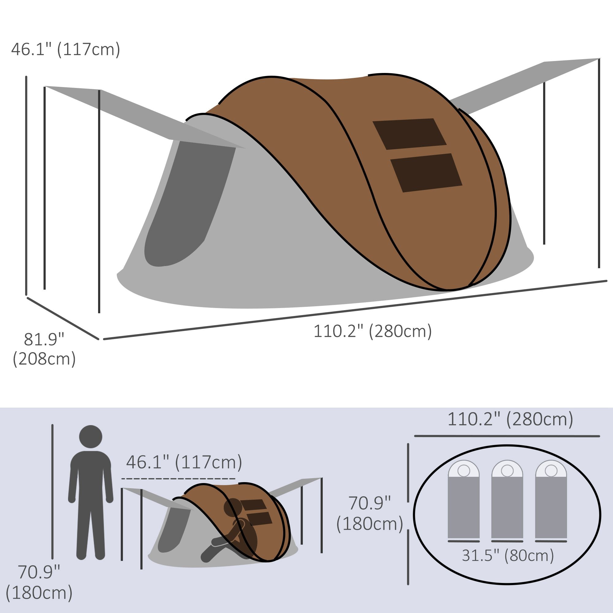 Outsunny Waterproof Pop Up Camping Tent 2 Porch Carry Bag for 2-3 People Outdoor Adventure Brown 