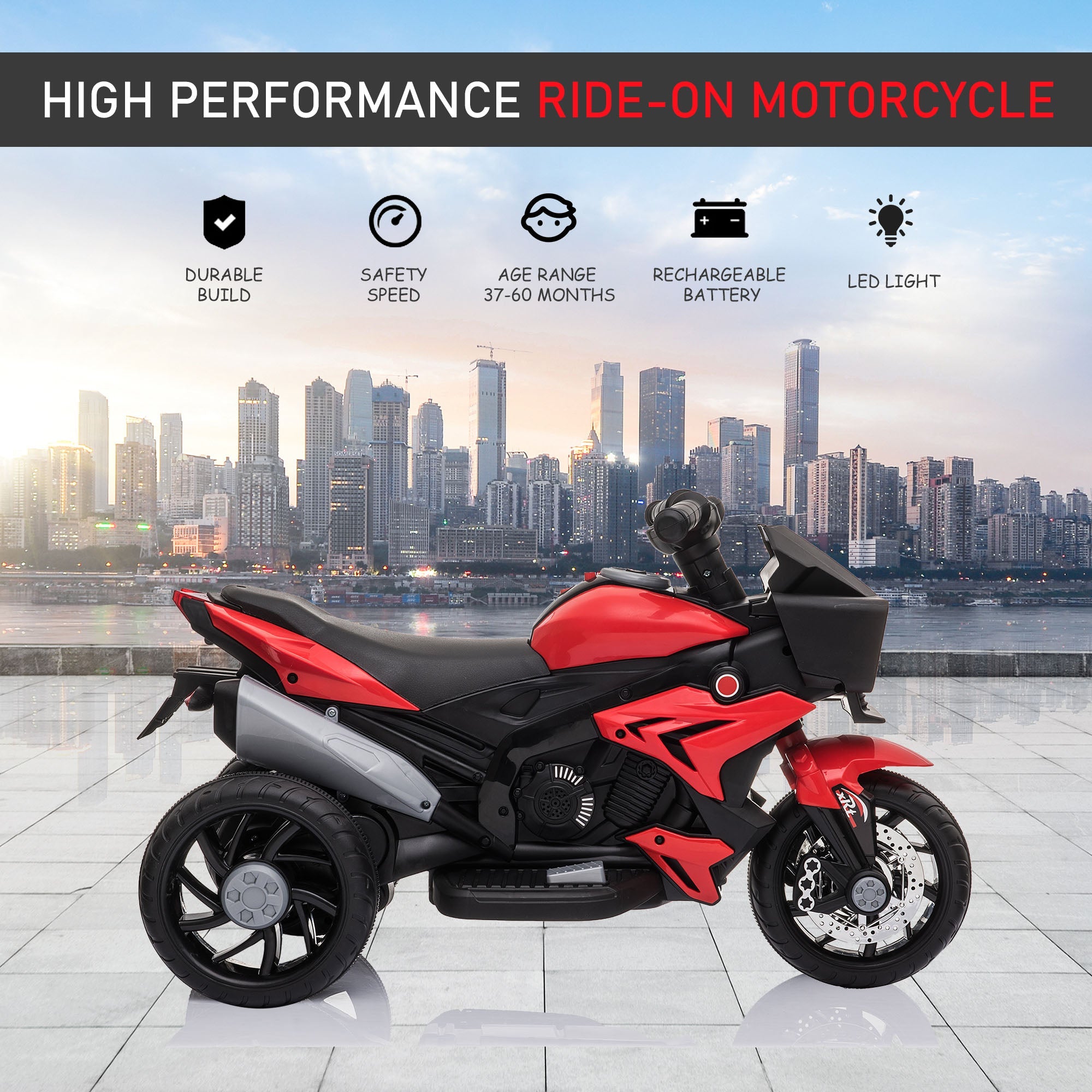 Aosom Kids Electric Motorcycle Ride-On Toy 6V Battery Powered with Music Horn Headlights Red 