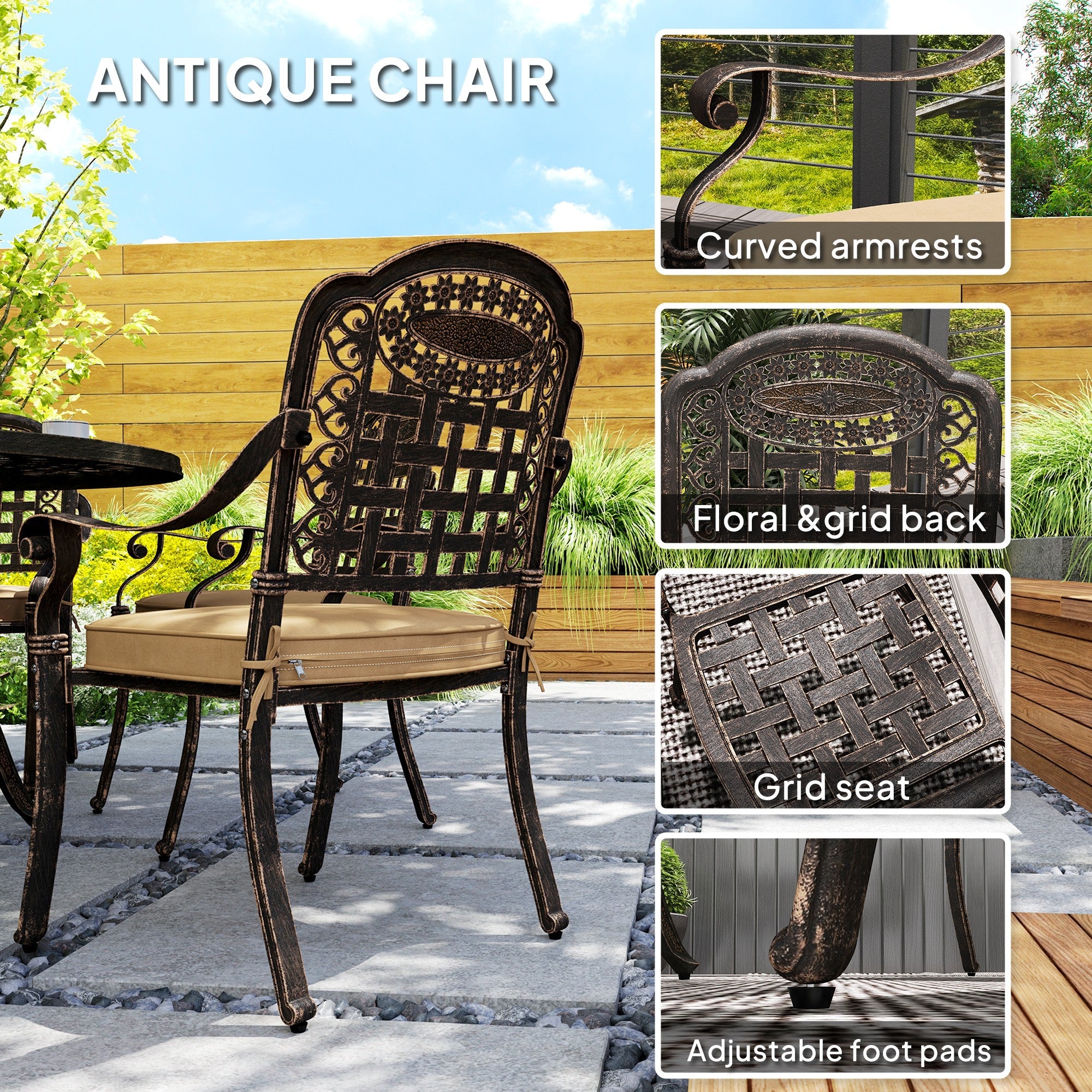 Outsunny 7 Pieces Outdoor Dining Set for 6, Aluminum Patio Table and Chairs Furniture Set with Umbrella Hole, Cushions, Bronze 