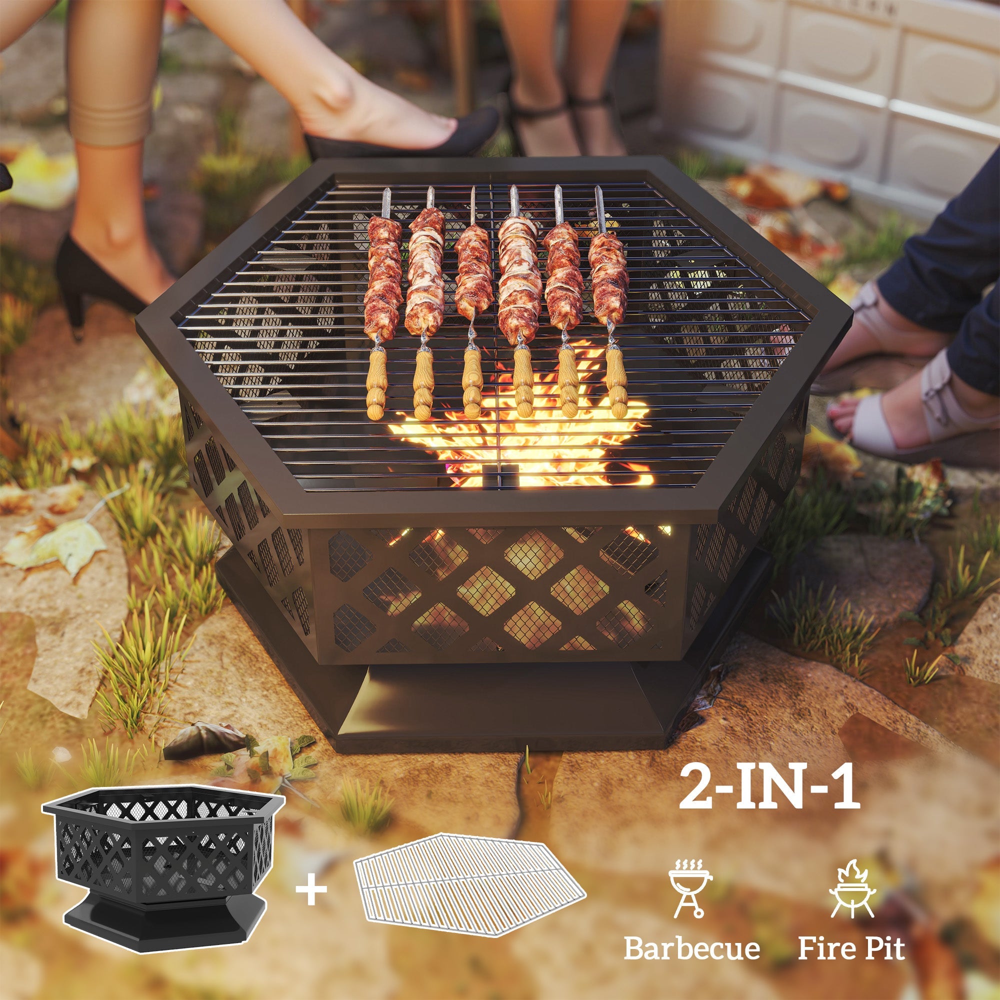 Outsunny 28" Outdoor Fire Pit Wood Burning Firepit with BBQ Grill, Spark Screen, Poker for Patio Backyard Camping Picnic Bonfire 