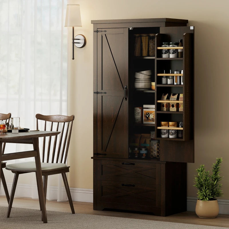 64" Farmhouse Kitchen Pantry Storage Cabinet, two 4-tier door shelves for spice bottles with 2 Drawers, Adjustable Shelf, Distressed Dark Brown