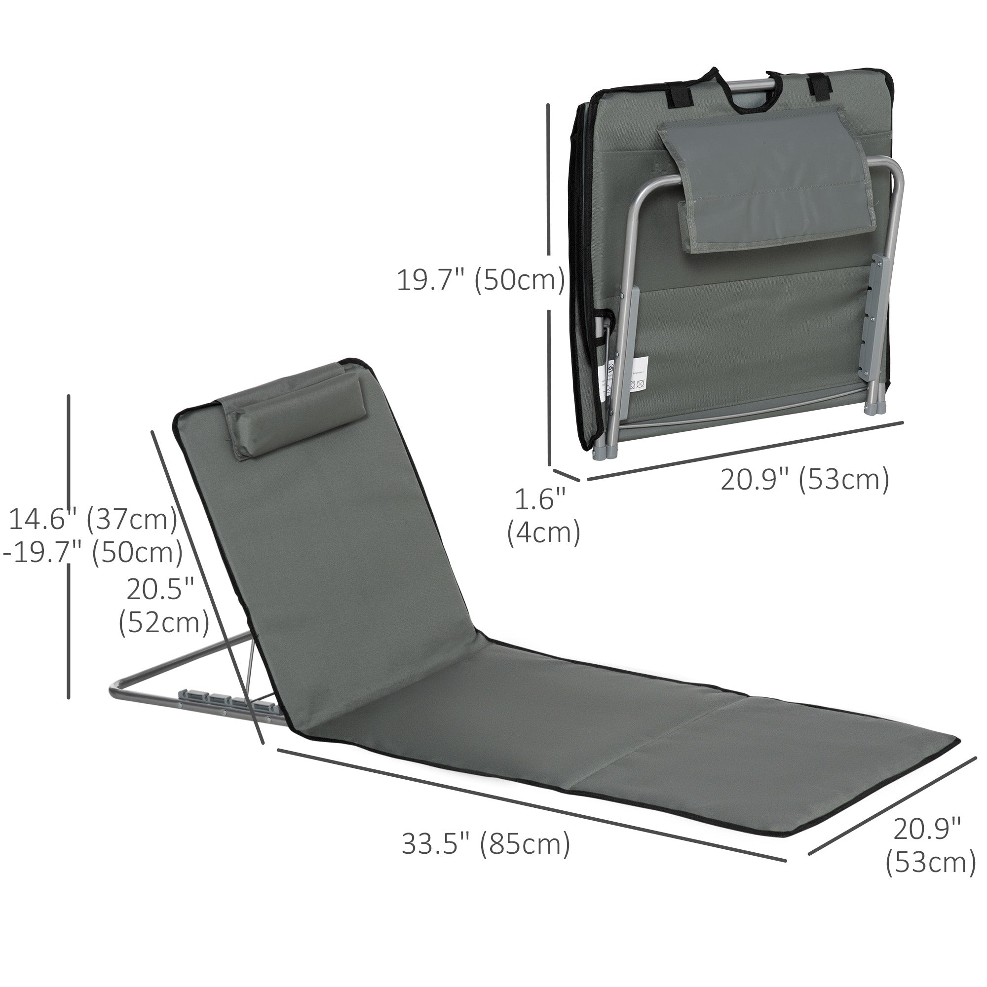 Outsunny Sun Lounger Beach Mat Set of 2 Folding Grey Adjustable Back Steel Frame Head Pillow Carry Bag 