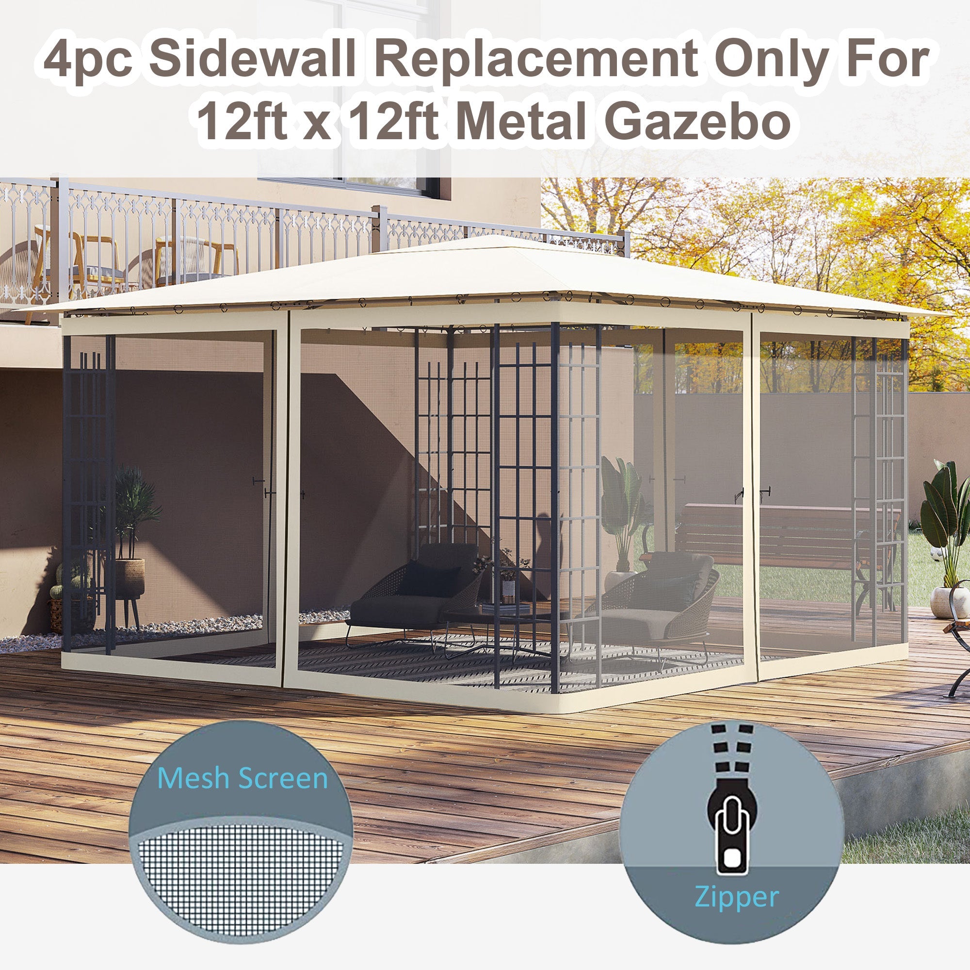 Outsunny Gazebo Mosquito Netting 12x12 Black Replacement Screen Walls with Zippers for Canopy 