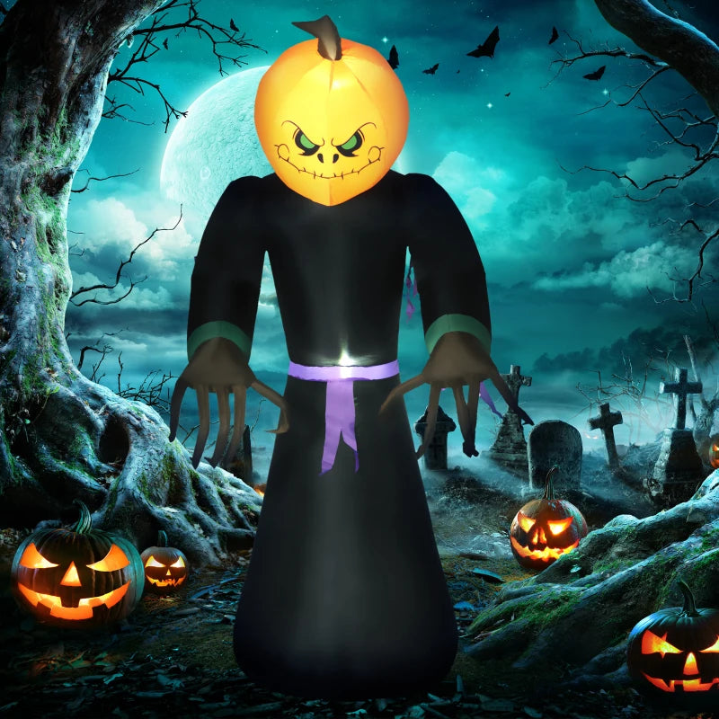HOMCOM 9ft Inflatable Pumpkin Head Ghost – LED Blow-Up Halloween Decoration for Outdoor Lawn & Garden 