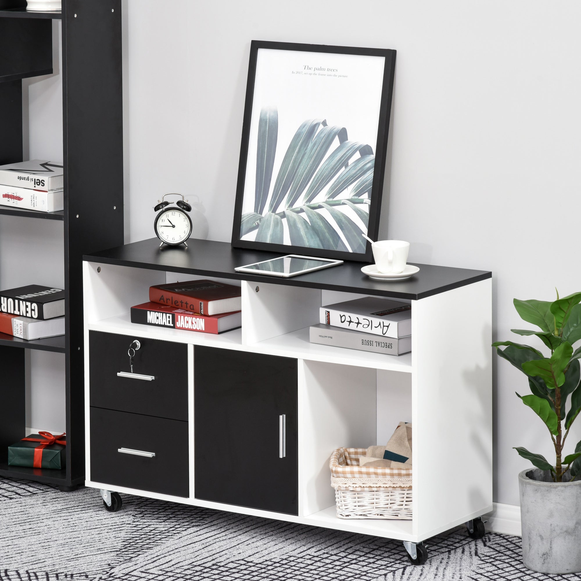 HOMCOM Mobile Lateral Filing Cabinet: Lockable Drawer Printer Stand on Wheels for Home Office, Black 