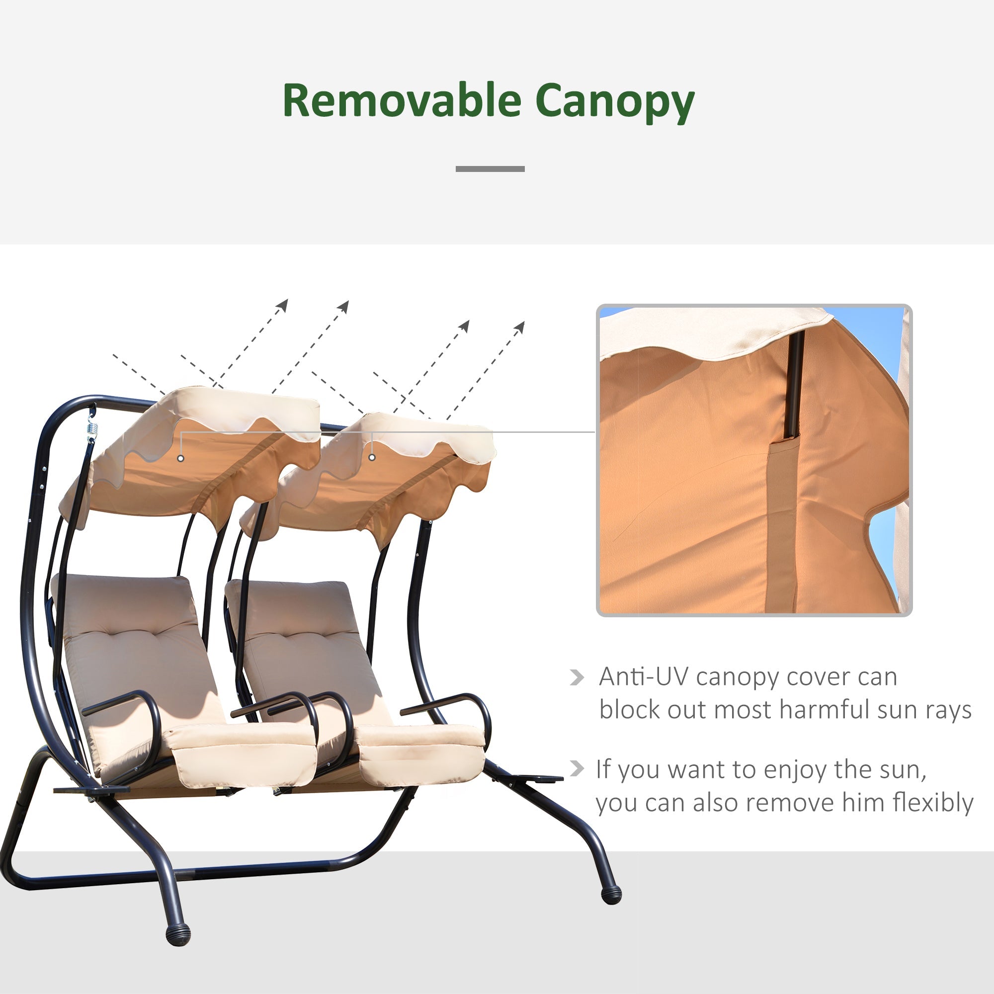 Outsunny Luxury Metal Swing Chair 2 Seater Hammock Heavy-Duty with Canopy Cushions Beige 