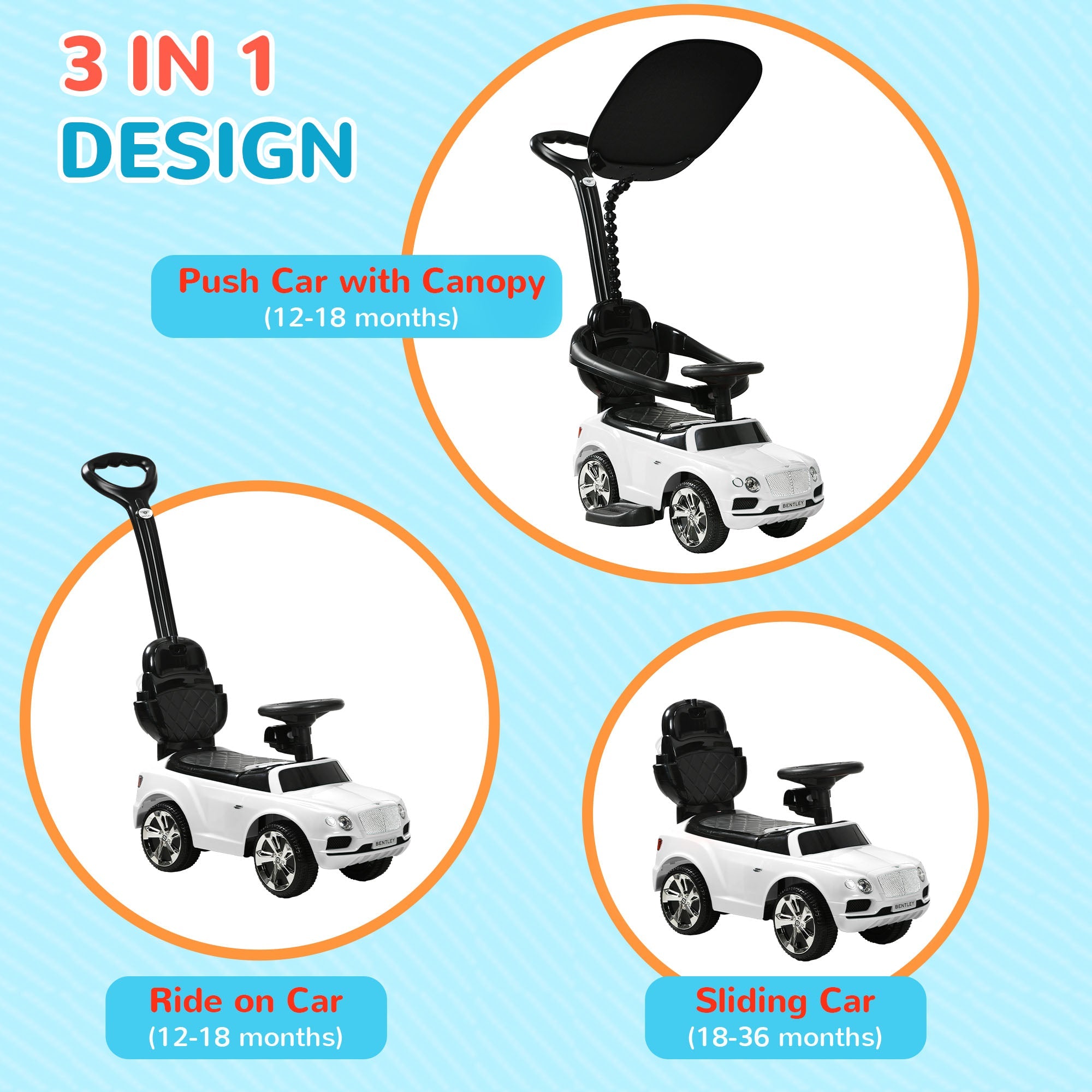 Qaba Bentley Bentayga Licensed Push Car, 3 in 1 Kids Ride on Car Foot to Floor w/ Music Horn, White 