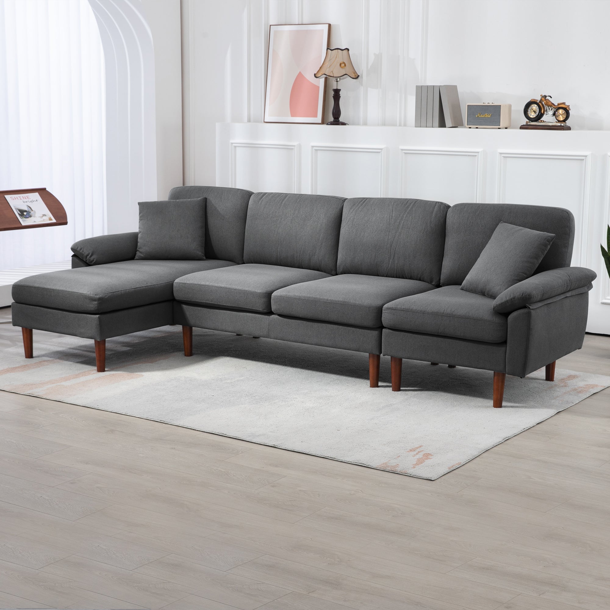 HOMCOM L-Shape Sectional Sofa: Modern Dark Grey Sofa with Reversible Chaise, Pillows & Wooden Legs 