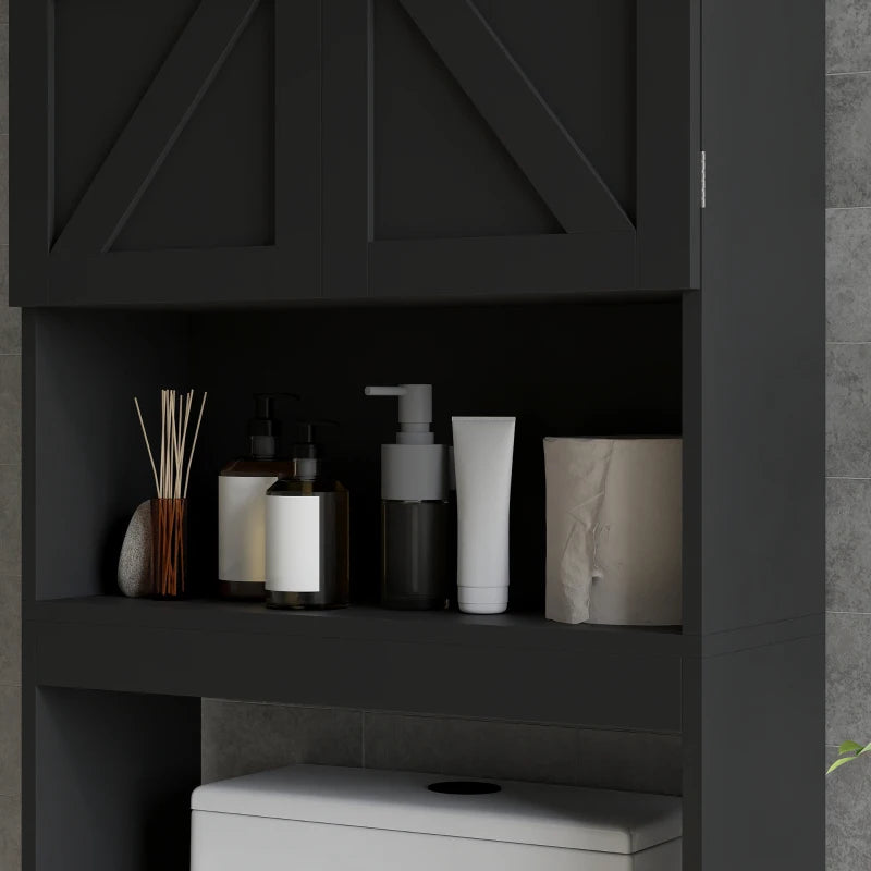 Over The Toilet Cabinet, Modern Bathroom Above Toilet Storage with Barn Doors and Open Shelf, Black
