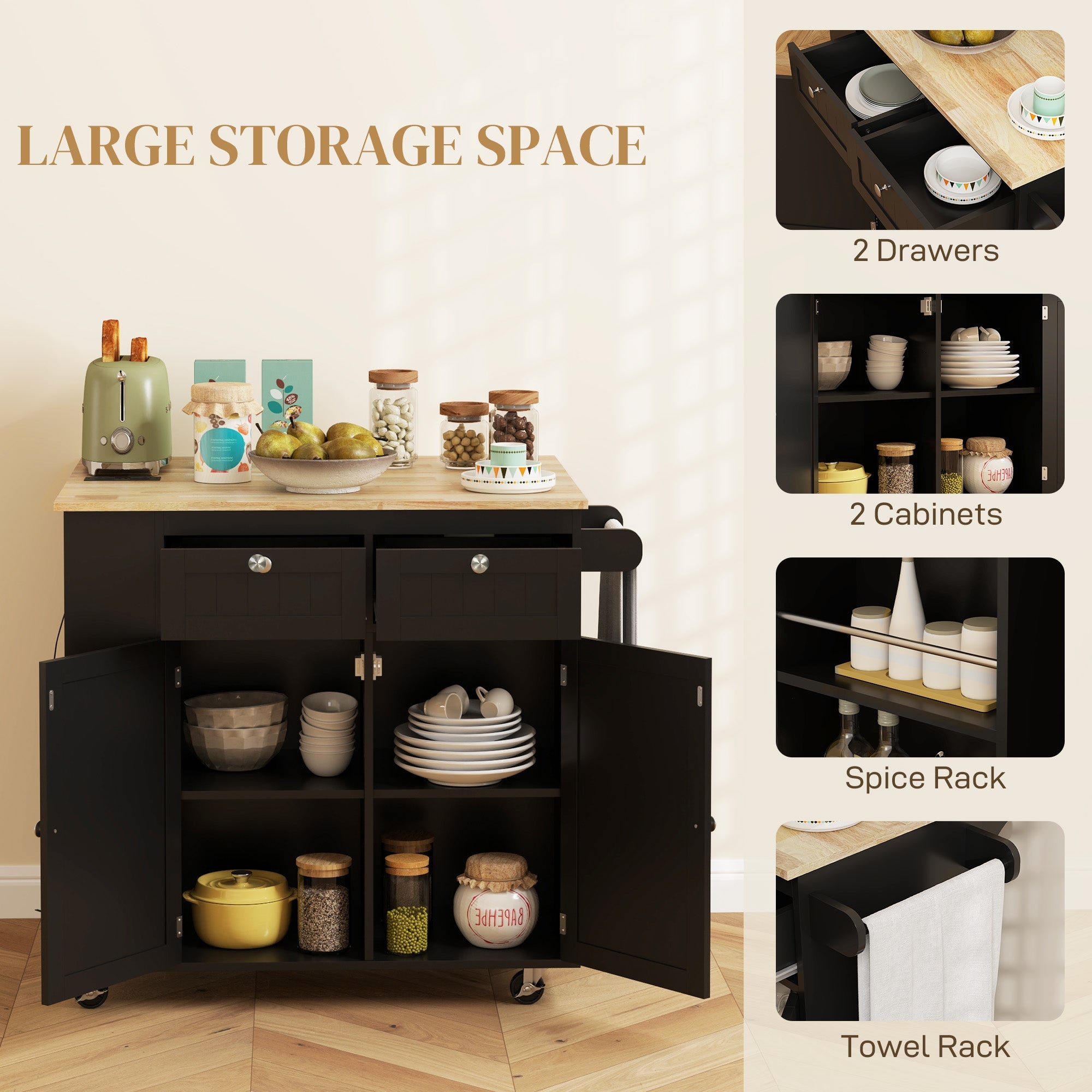 HOMCOM Kitchen Island with Power Outlet and Drop Leaf, Rolling Kitchen Cart with 2 Drawers and Adjustable Shelves, Black 