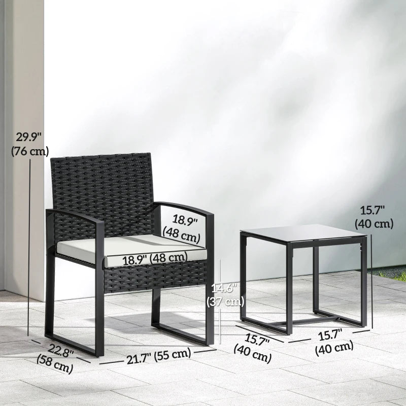 Outdoor Bistro Set, 3 Piece Wicker Patio Furniture Set with Glass Top Table and Cushions for Porch, Balcony, Cream White