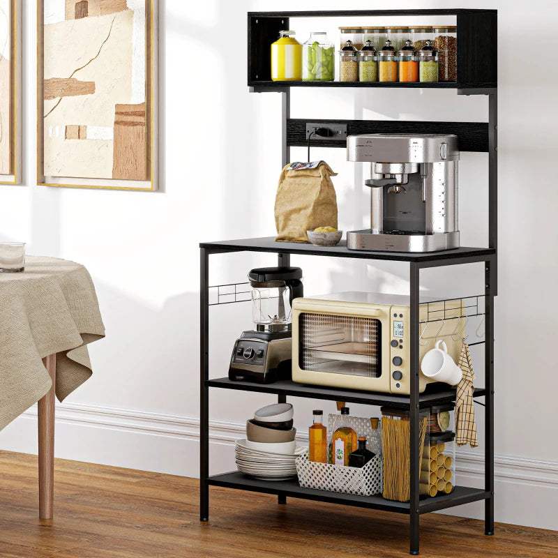 Baker's Rack with Charing Station, Microwave Shelf with Power Outlet, USB Charger and 5 Hooks, Black