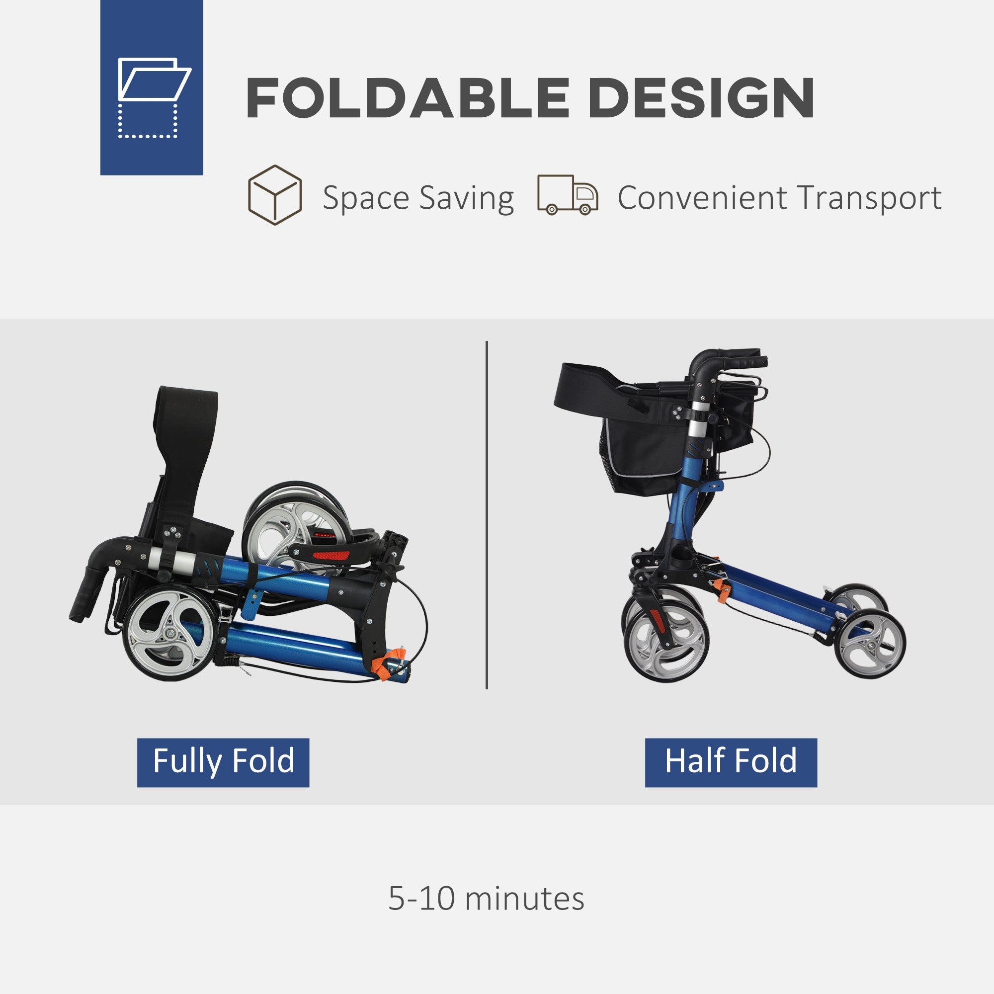 HOMCOM Lightweight Folding Rolling Walker with Large Seat, Back, Adjustable Handle, Bag, Dual Brake, Cane Holder, Blue 