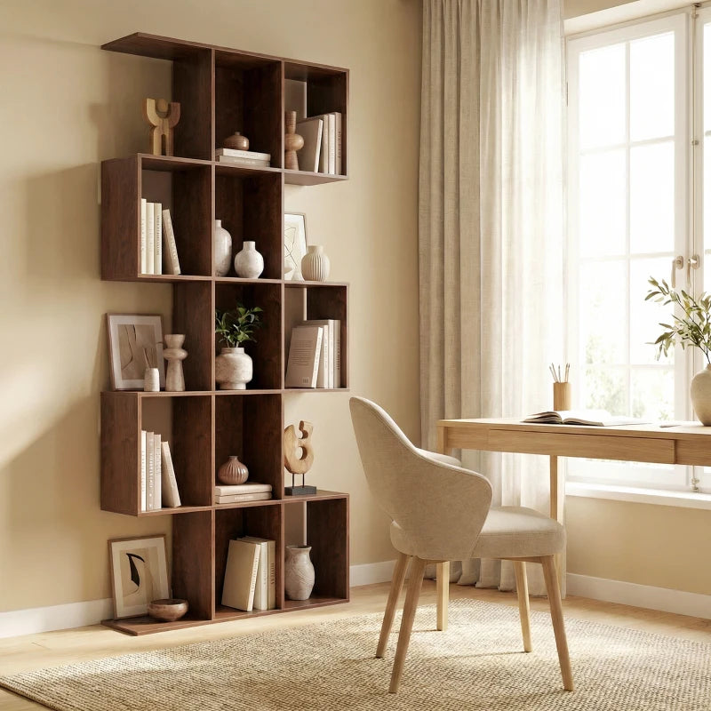 5-Tier Bookshelf, S Shaped Geometric Bookcase with 15 Compartments, Black Wood Grain