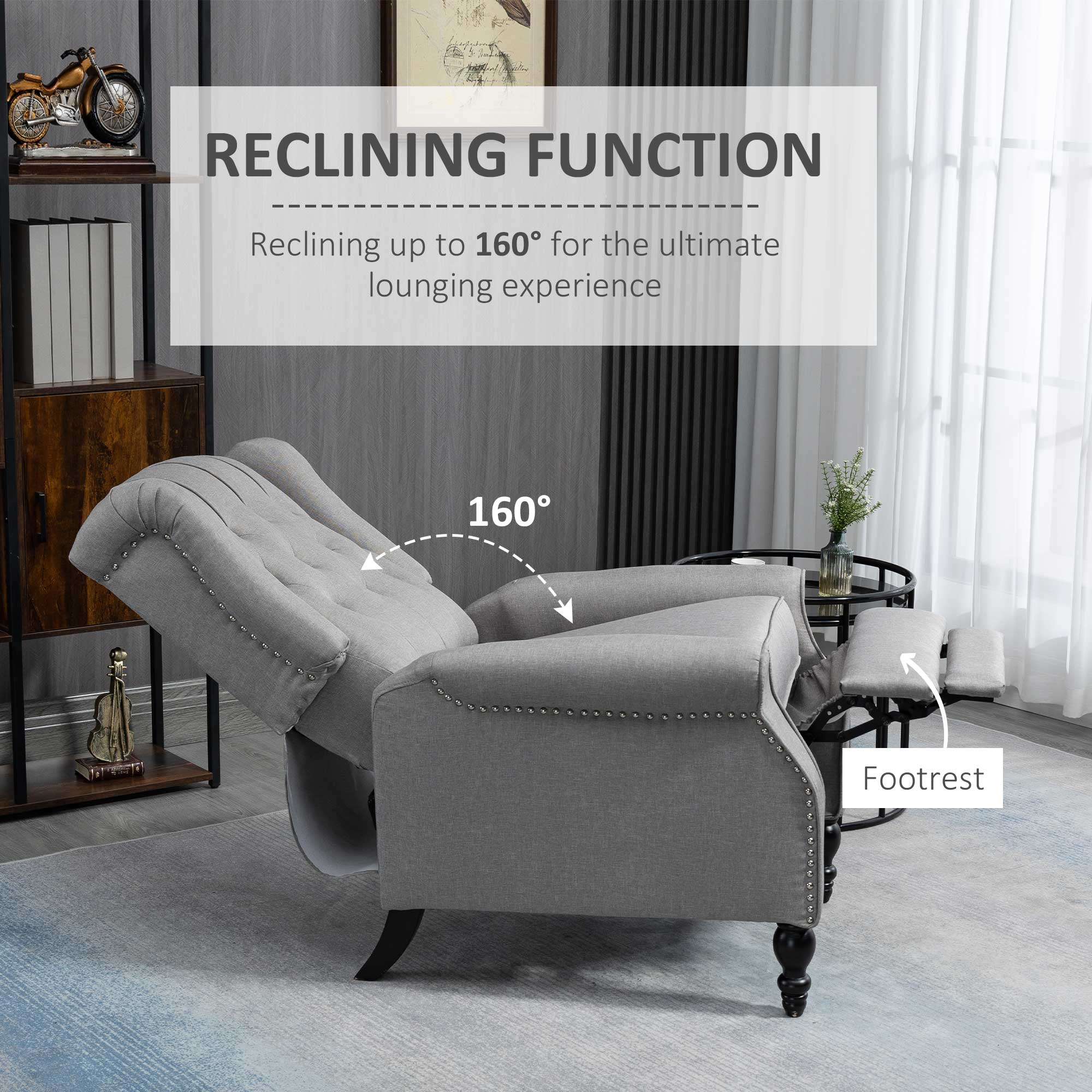 HOMCOM Luxury Manual Reclining Sofa Fabric Push Back Chair Button Tufted & Nail Head Trim Cozy Armrest Light Gray 