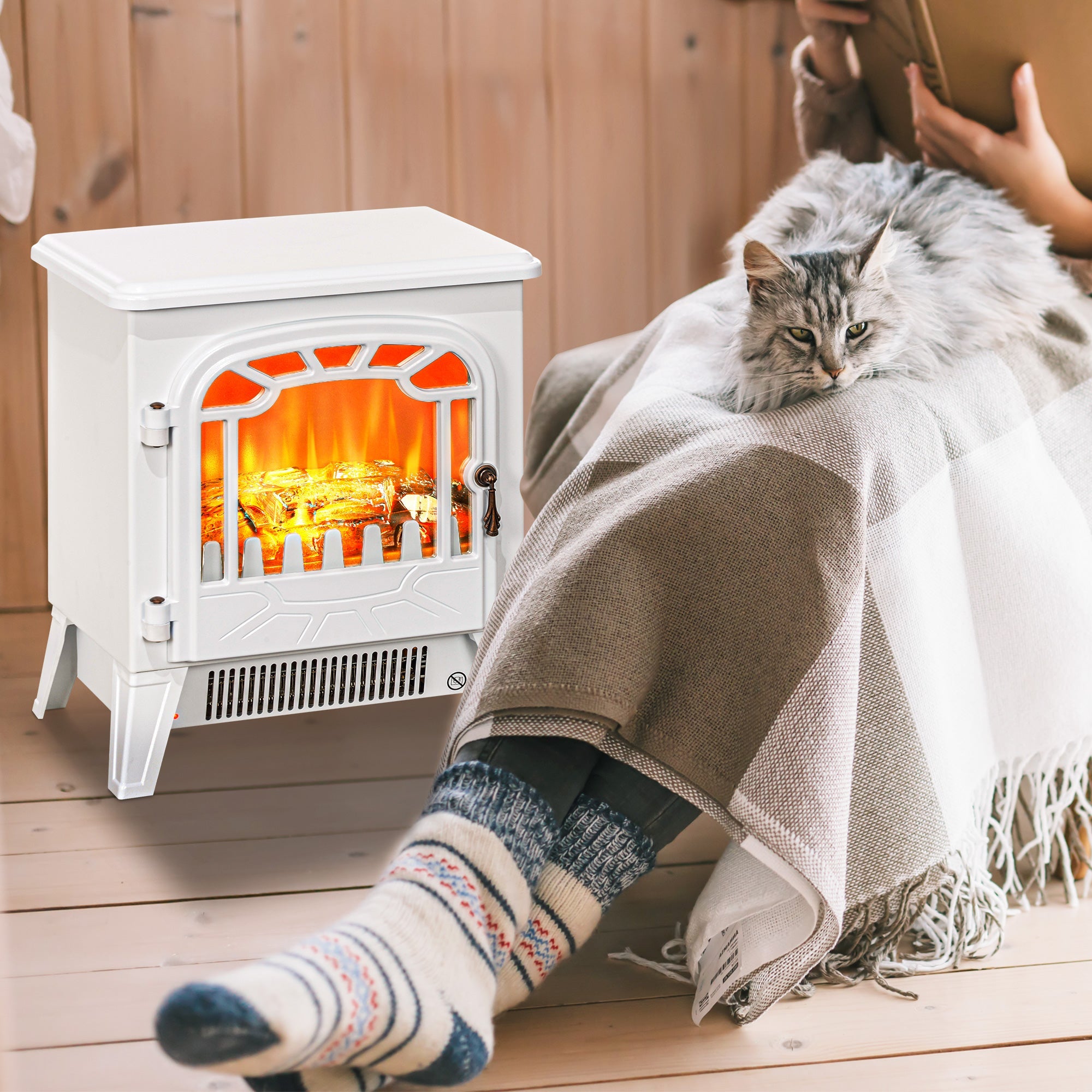 HOMCOM Freestanding Electric Fireplace Stove Heater with Overheat Protection and Realistic Flame Effect, 750W/1500W, White 