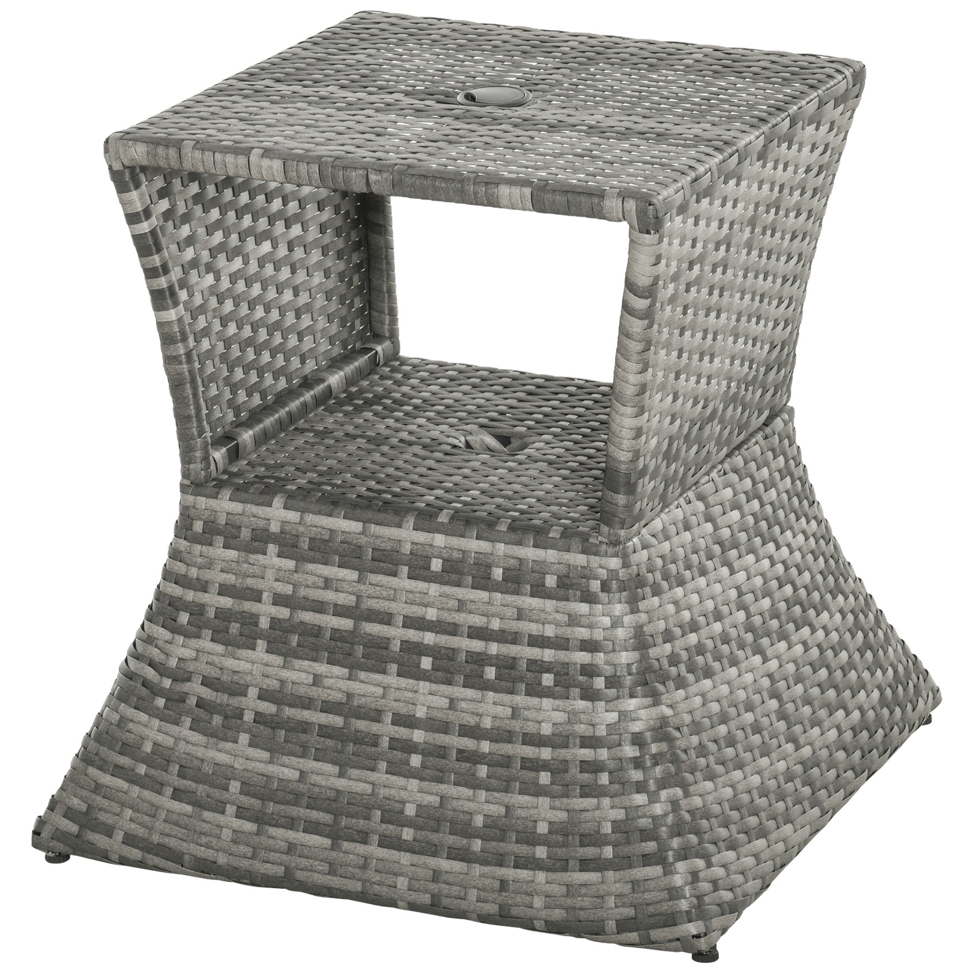 Outsunny Rattan Wicker Side Table Square Outdoor End Table with Umbrella Hole 2-Tier Storage Patio Garden Mixed Grey 