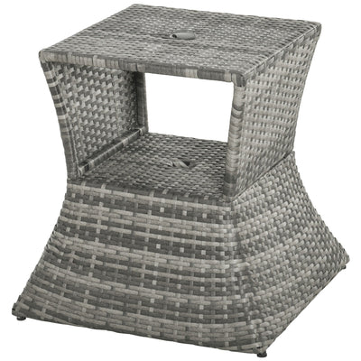 Outsunny Rattan Wicker Side Table Square Outdoor End Table with Umbrella Hole 2-Tier Storage Patio Garden Mixed Grey 