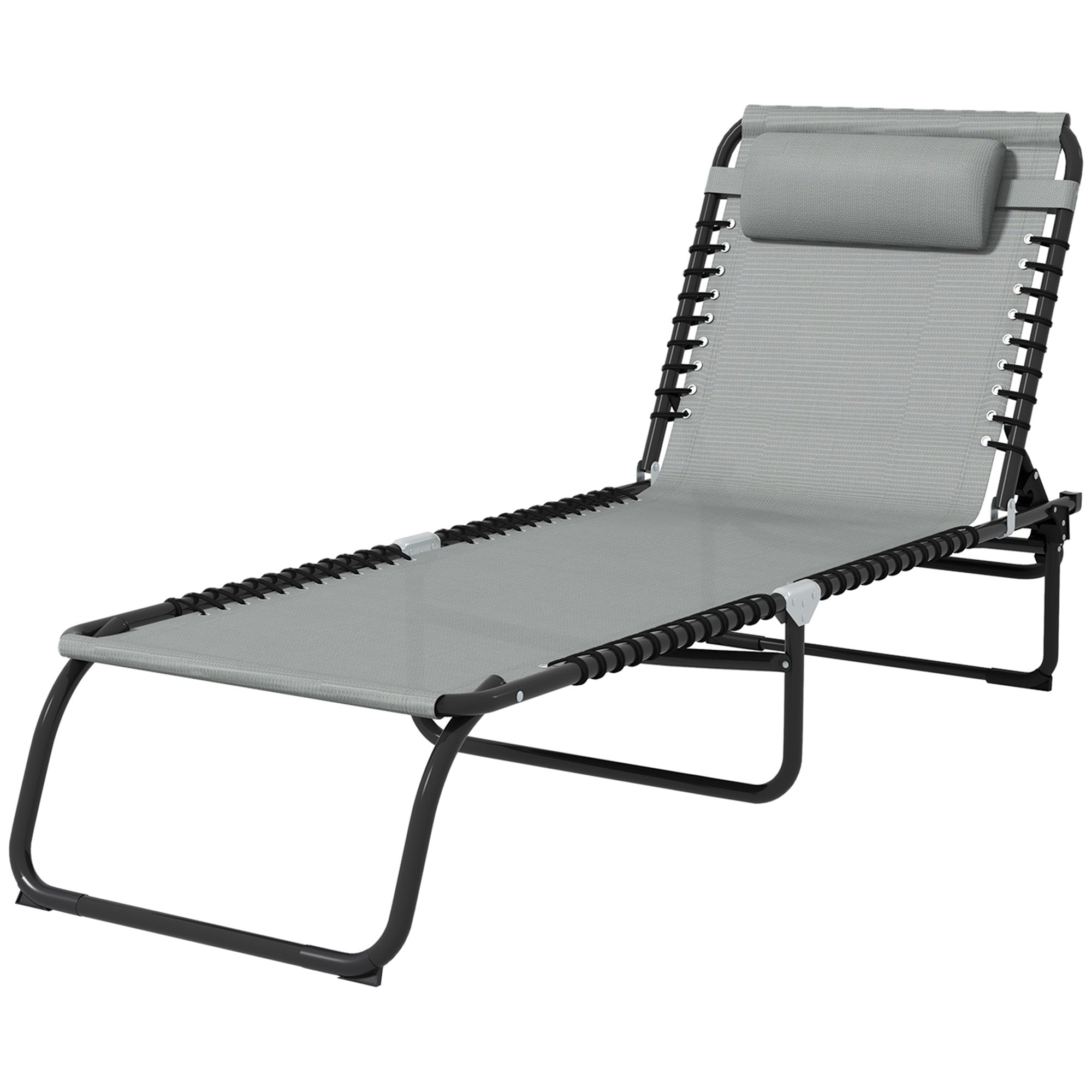 Outsunny Folding Lounge Chair, Adjustable Chaise Lounge with Headrest, Reclining Lounger Cot for Camping, Hiking, Light Grey 