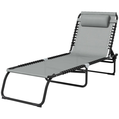 Outsunny Folding Lounge Chair, Adjustable Chaise Lounge with Headrest, Reclining Lounger Cot for Camping, Hiking, Light Grey 