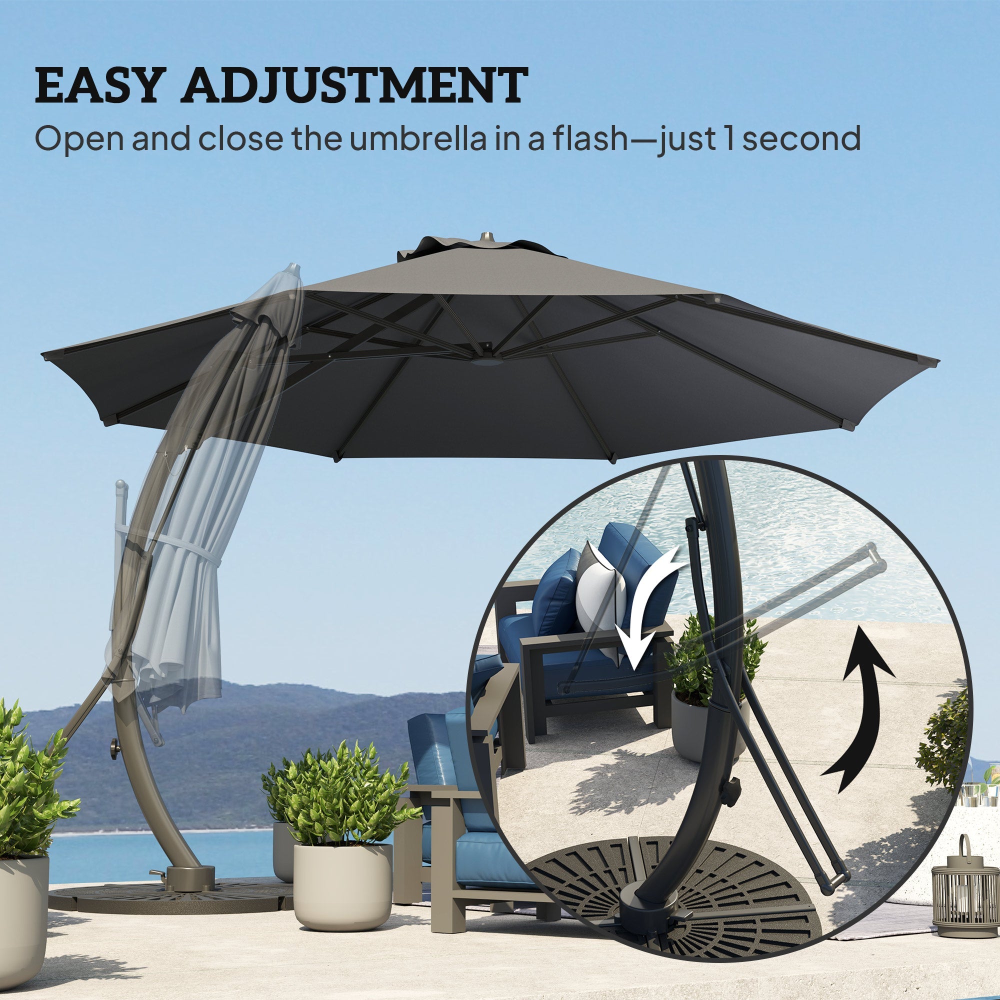 Outsunny 11FT Patio Umbrella, Cantilever Umbrella with 8 Ribs, 360° Rotation, Easy Adjustment for Garden, Deck, UPF 50+, Grey 
